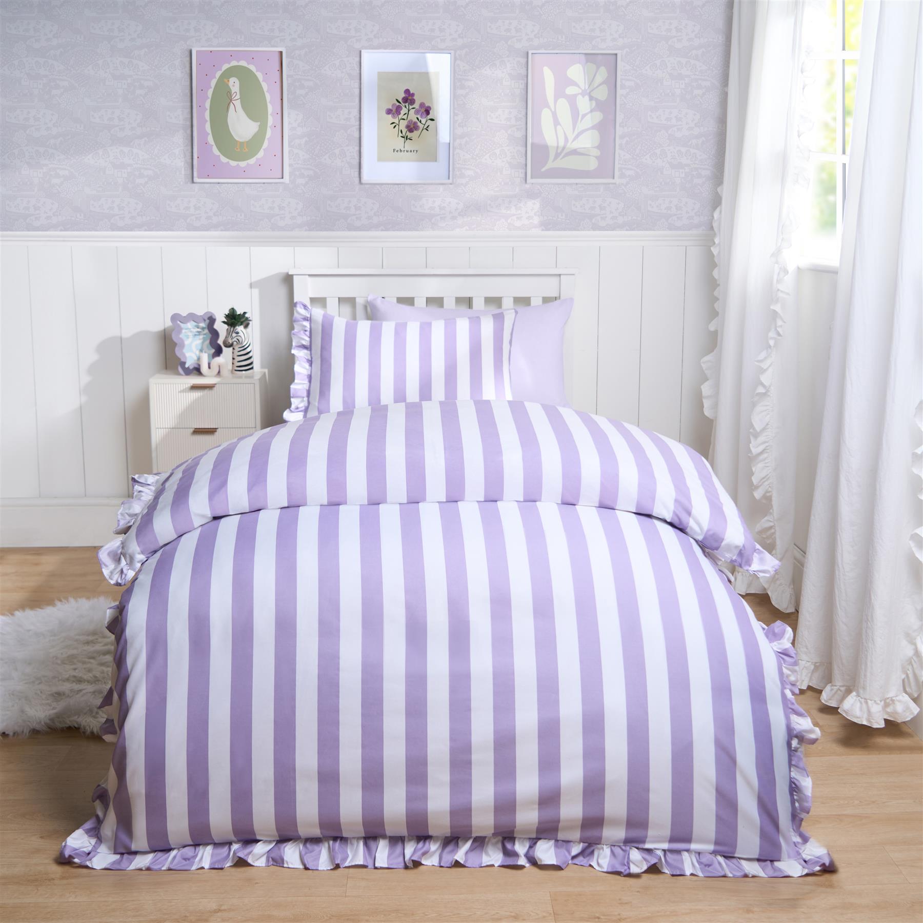 Frill Duvet Cover Bedding Set Pillowcase Stripe Quilt Luxury Double King Size