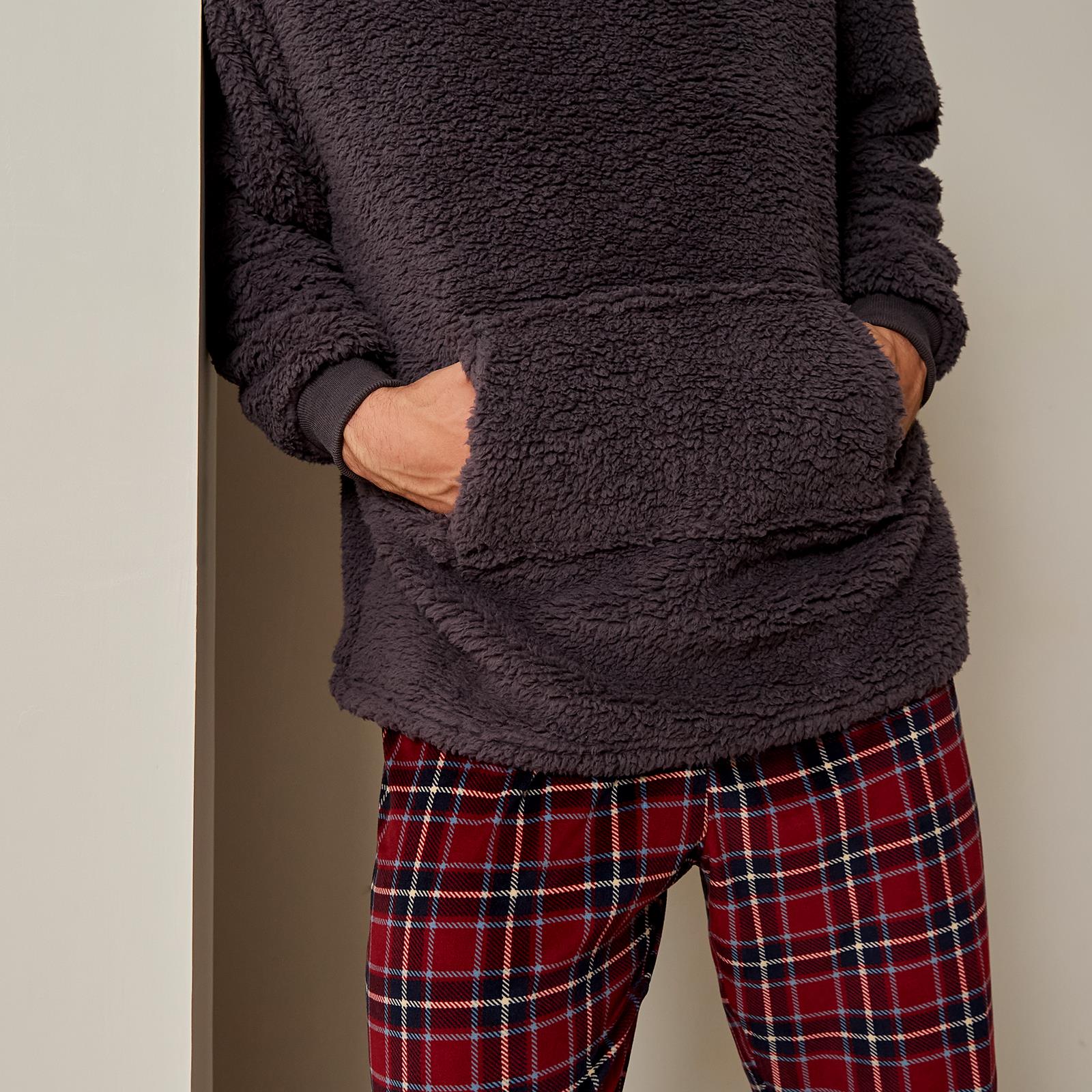OHS Mens Pyjama Set Teddy Fleece Plain Hoodie Check WInter Thermal Loungewear