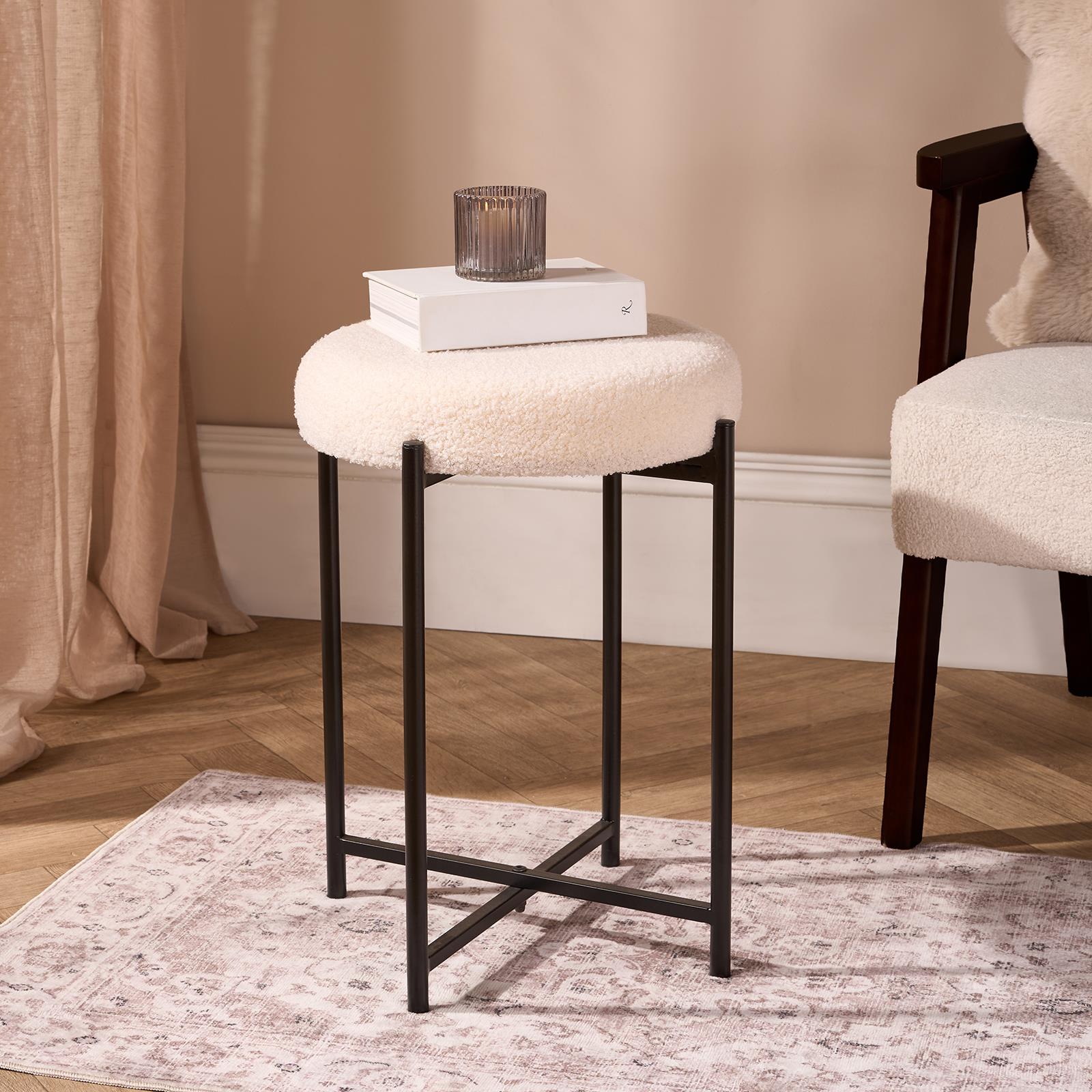 OHS Boucle Round Stool Upholstered Makeup Vanity Padded Seat Sturdy Table Chair
