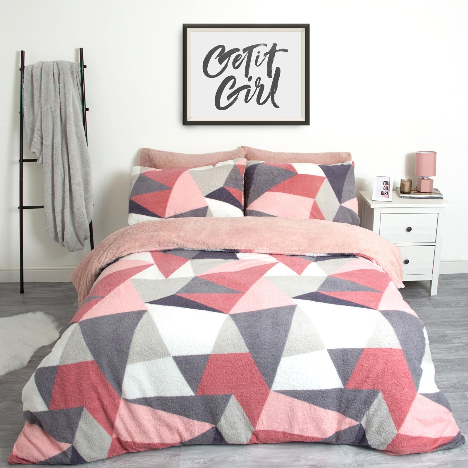 OHS Shapes Teddy Fleece Duvet Cover with Pillowcase Soft Warm Bedding Set