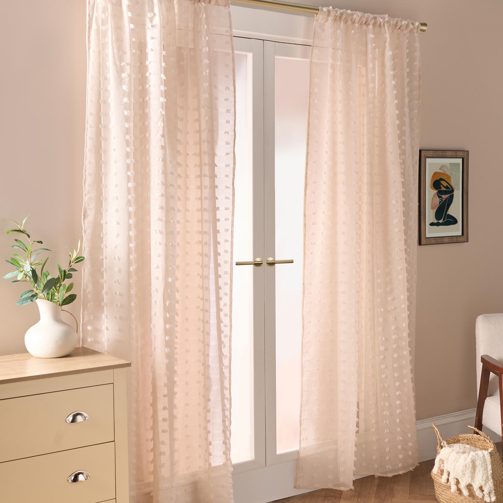 OHS Pompom Tufted Voile Net Curtains Pair 2 Window Panels Slot Top Set 55