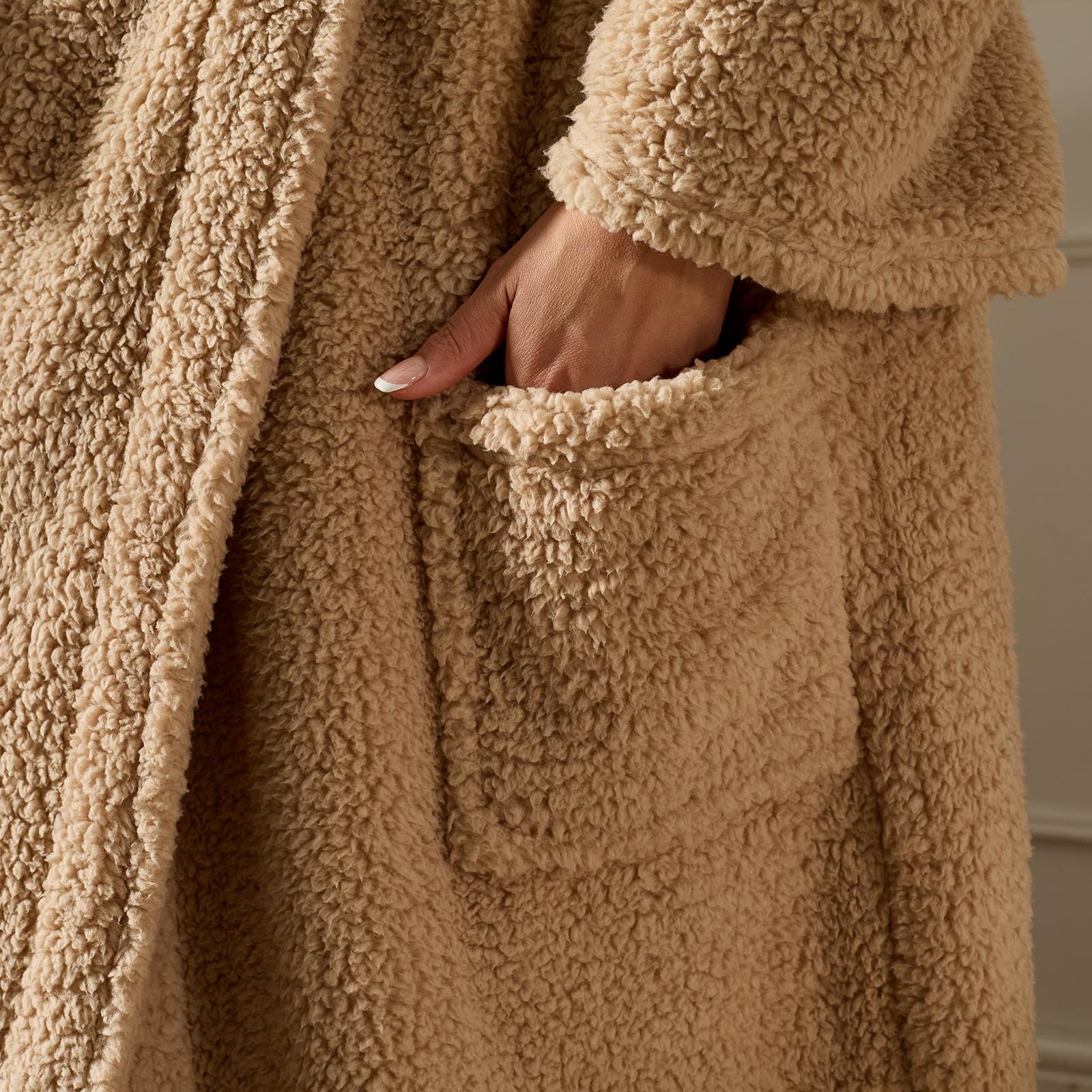 OHS Teddy Fleece Dressing Gown Floor Length Hooded Bathrobe Winter Loungewear