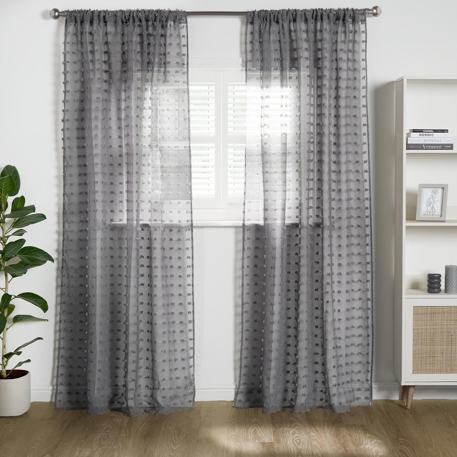 OHS Pompom Tufted Voile Net Curtains Pair 2 Window Panels Slot Top Set 55