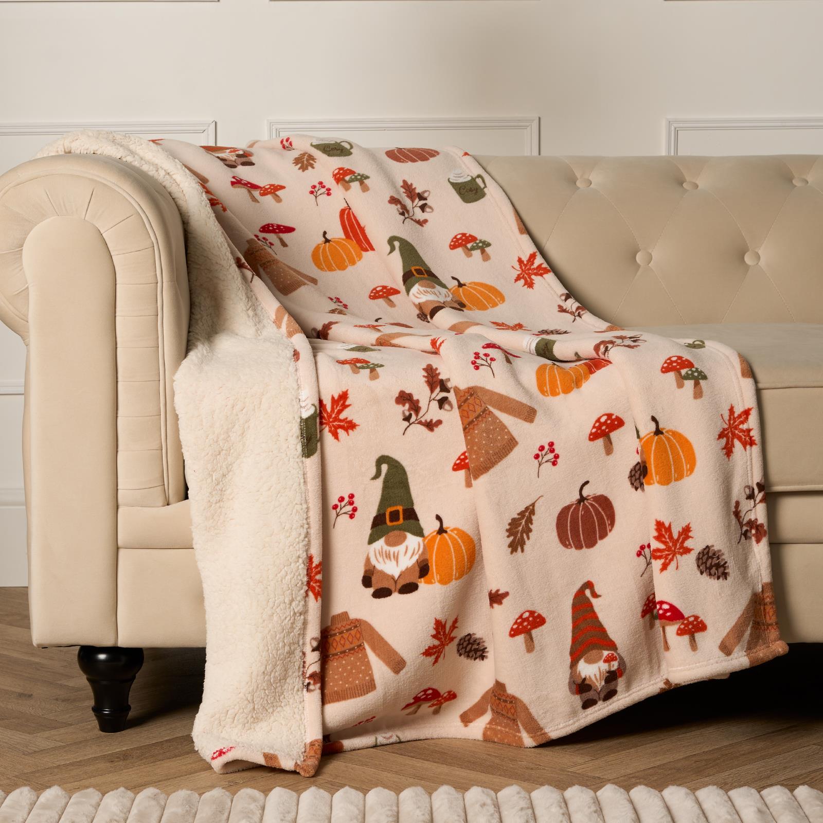 Autumn Gonk Throw Over Fleece Bed Sofa Sherpa Soft Warm Blanket Plush Pumpkin