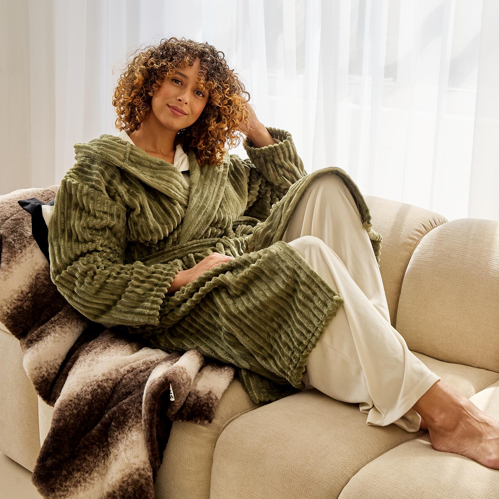 OHS Ribbed Fleece Dressing Gown Luxury Warm Supersoft Loungewear Ladies Robe