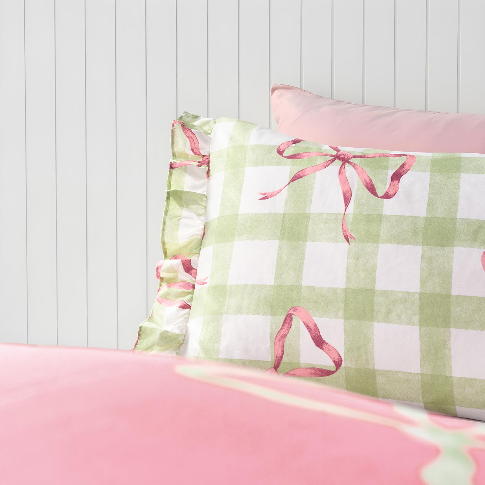 OHS Bow Gingham Bedding Set Microfibre Reversible Duvet Cover with Pillowcase