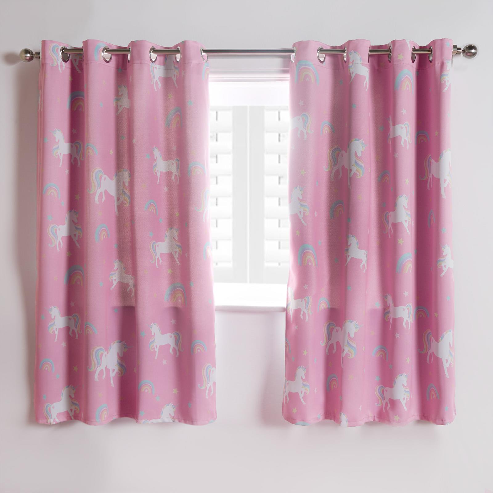 Kids Eyelet Curtains Blackout Unicorn Rainbow Pair of Ring Top Ready Made Panels