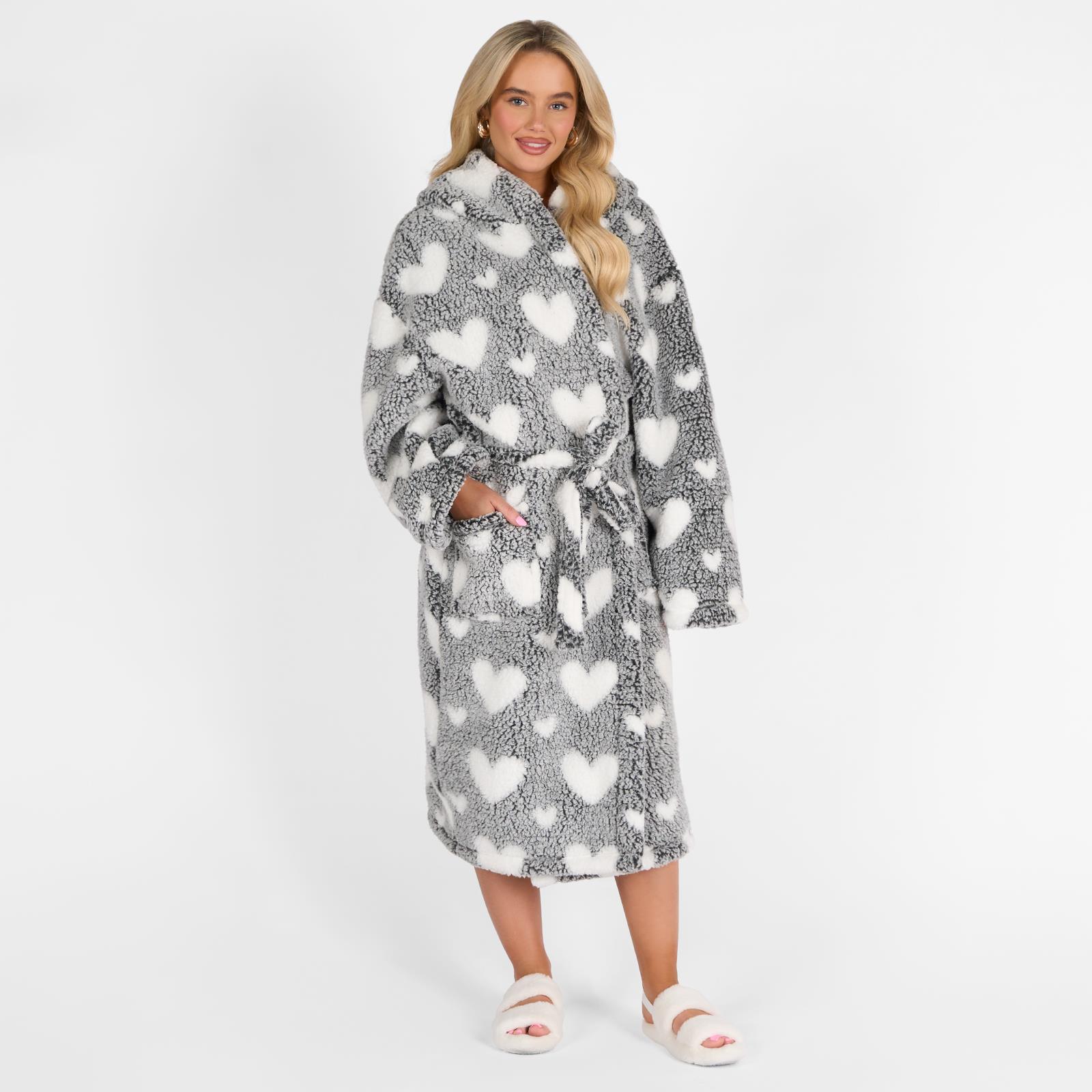 OHS Teddy Marl Dressing Gown Prints Ladies Warm Womens Loungewear Bathrobe