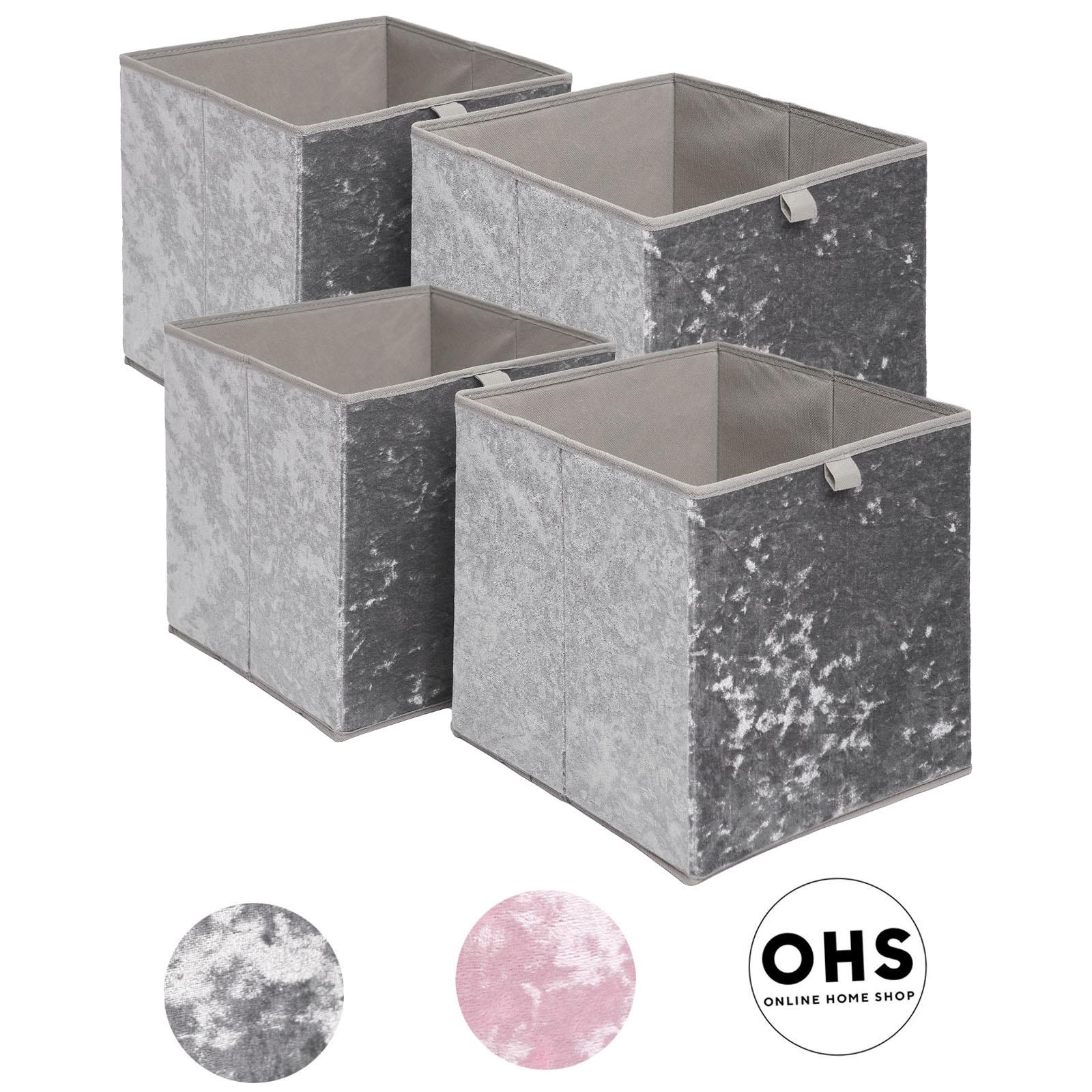 OHS Pack of 4 Crushed Velvet Storage Boxes Collapsible Foldable Square Cube Box
