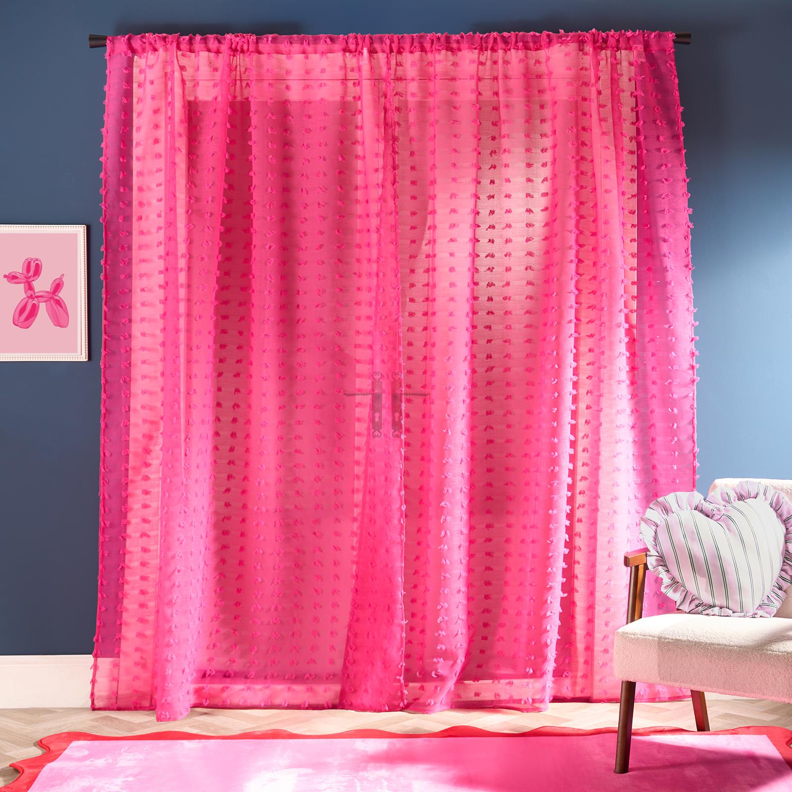 OHS Pompom Tufted Voile Net Curtains Pair 2 Window Panels Slot Top Set 55