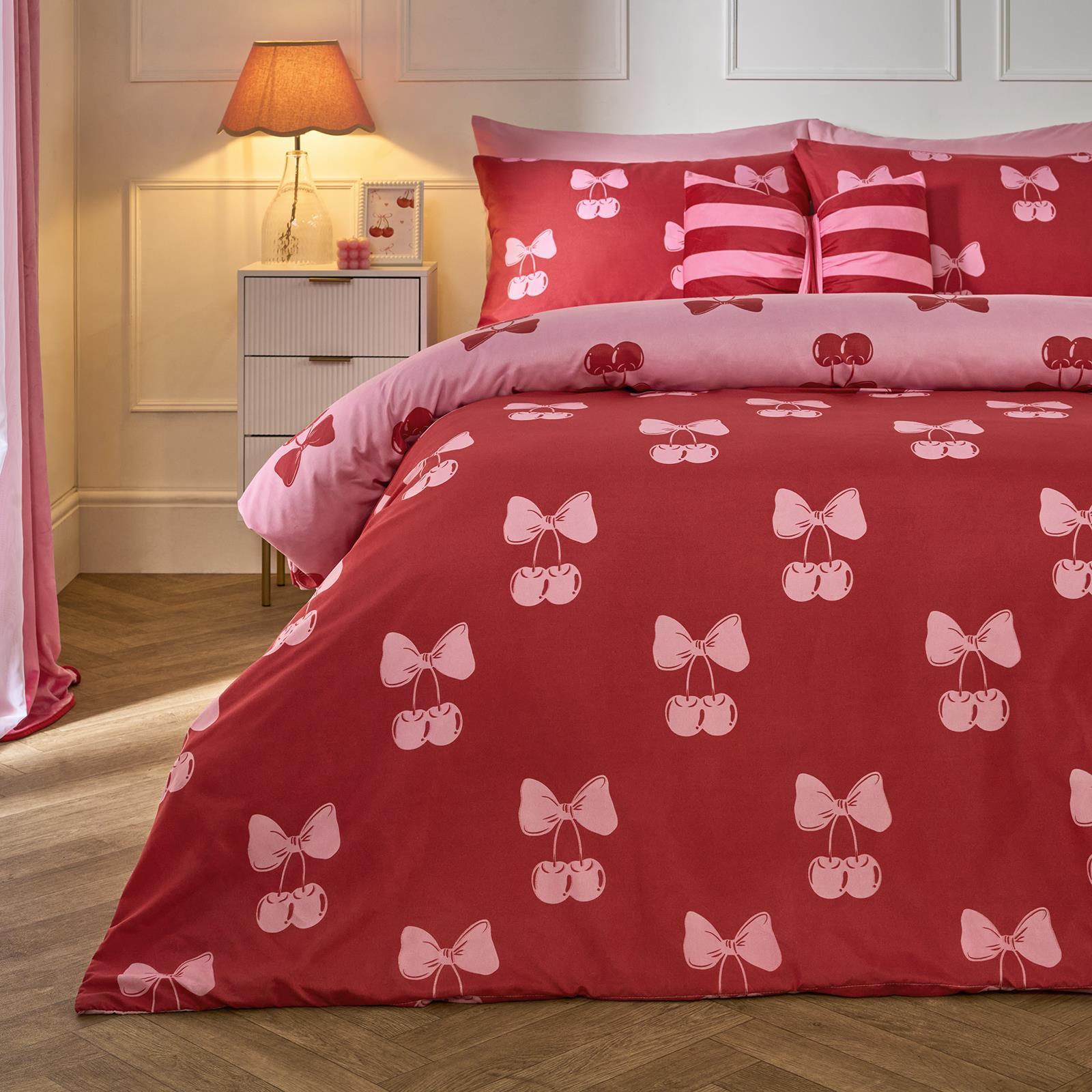 OHS Cherry Bow Bedding Set Microfibre Reversible Duvet Cover with Pillowcase