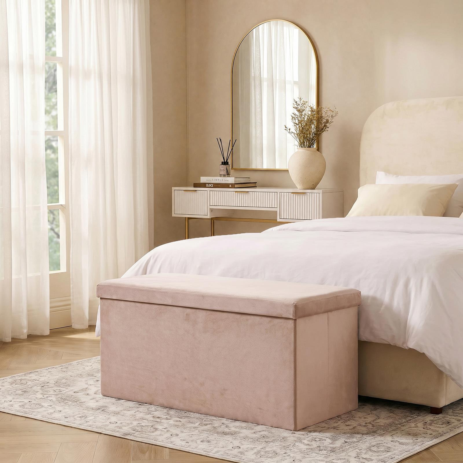 OHS Folding Ottoman Storage Box Footstool Tub Space Saving Velvet Seat