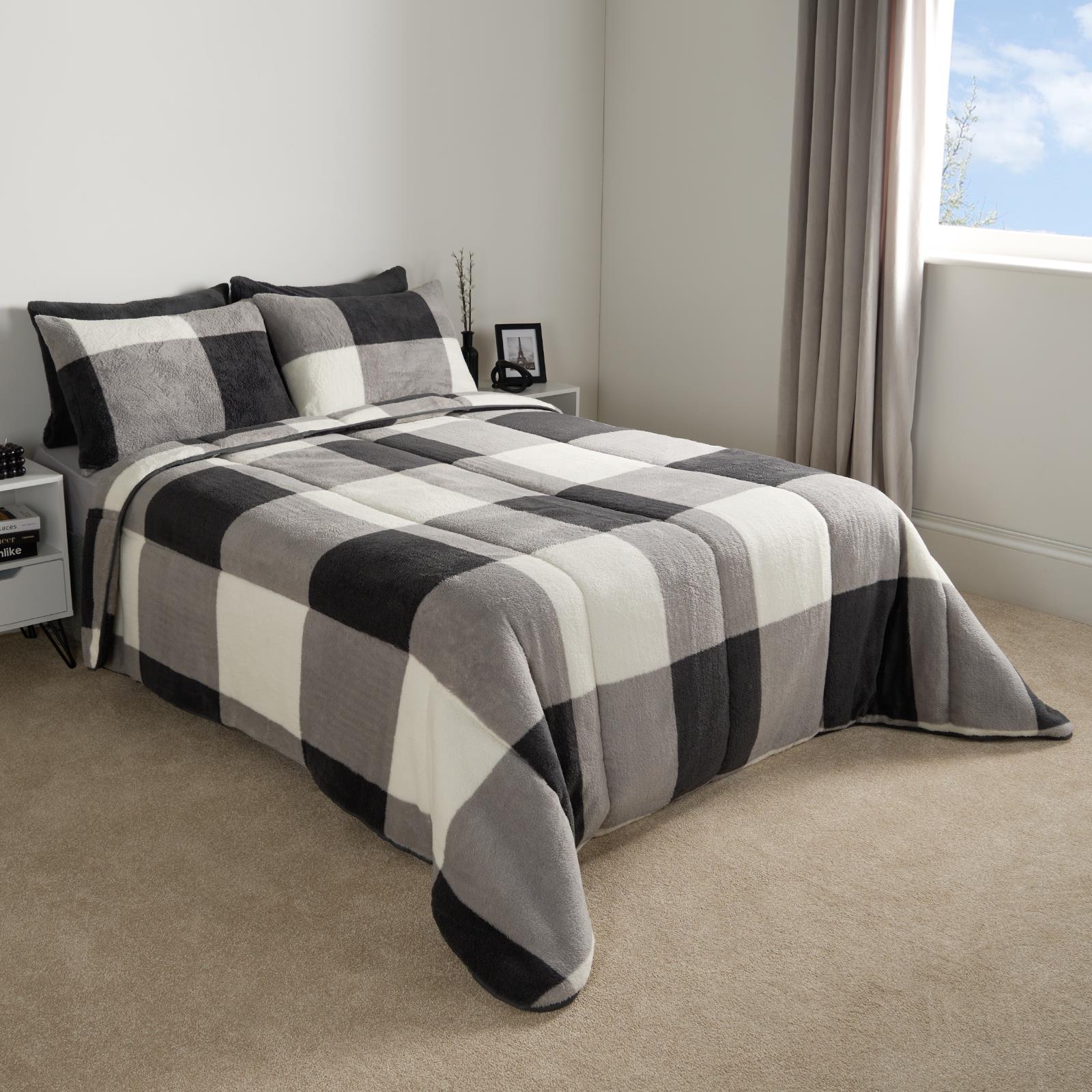 OHS Check Coverless Duvet Pillowcase Bedding Set Teddy Fleece Gingham 10.5 TOG