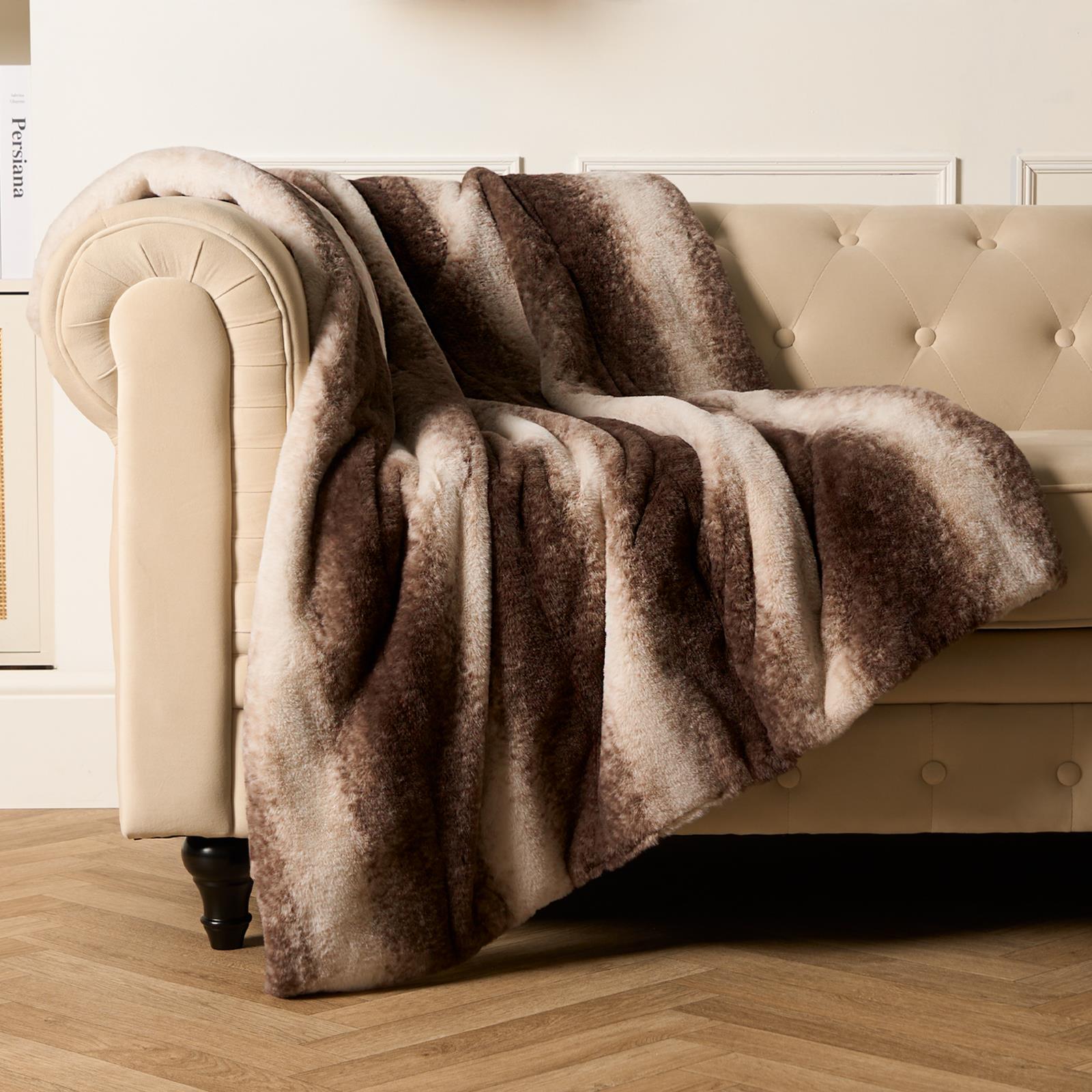 Stripe Throw Over Blanket Faux Fur Fleece Super Soft Plush Sofa Warm Bedspread