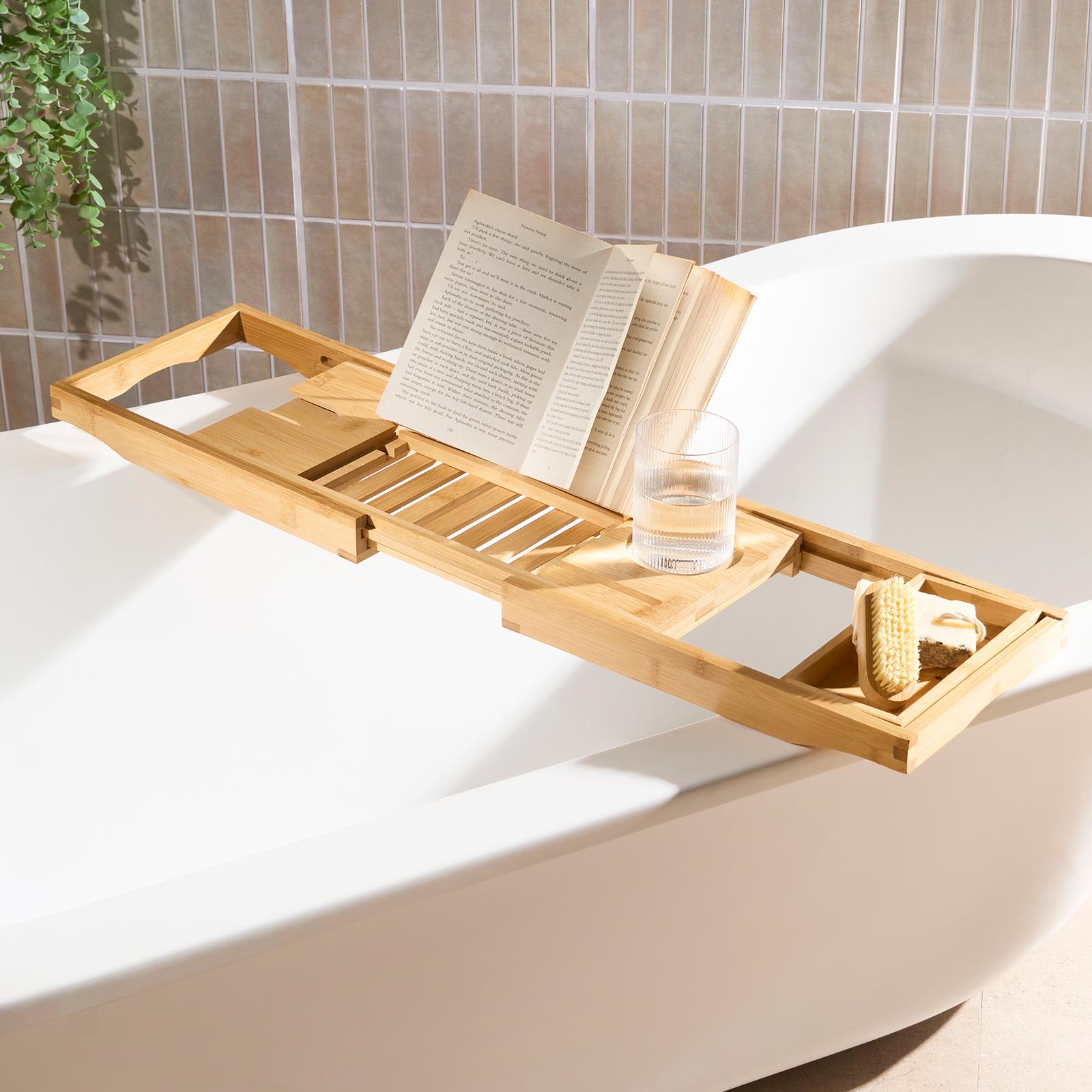 OHS Extendable Bath Tray Bamboo Bathtub Shelf Caddy Freestanding