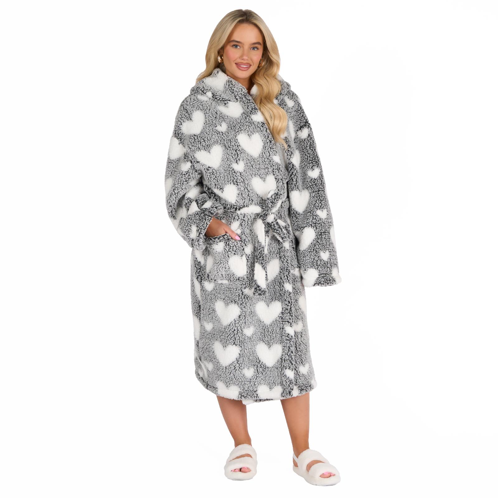 OHS Teddy Marl Dressing Gown Prints Ladies Warm Womens Loungewear Bathrobe