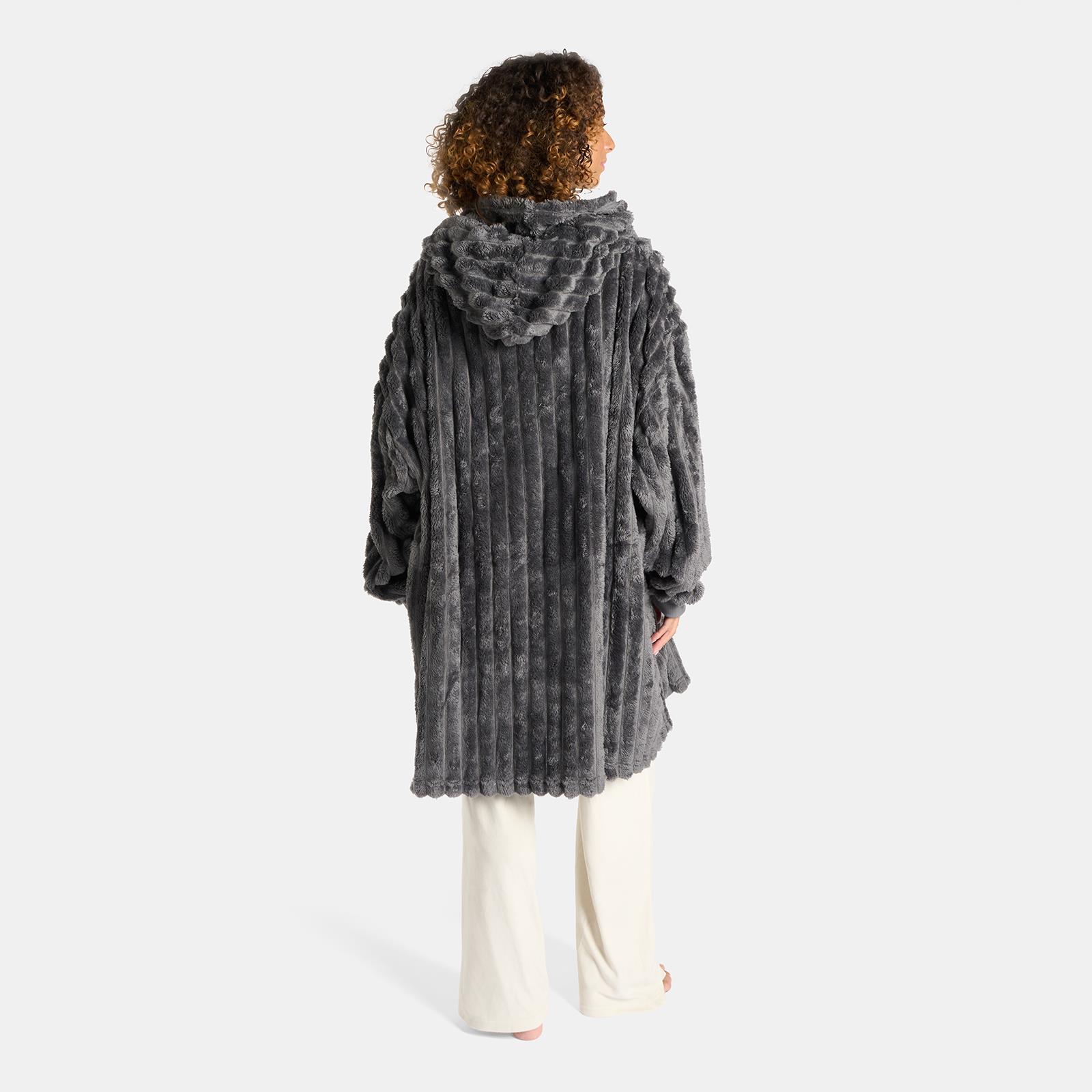 OHS Ribbed Flannel Hooded Blanket Fleece Wearable Throw Warm Oversized Hoodie