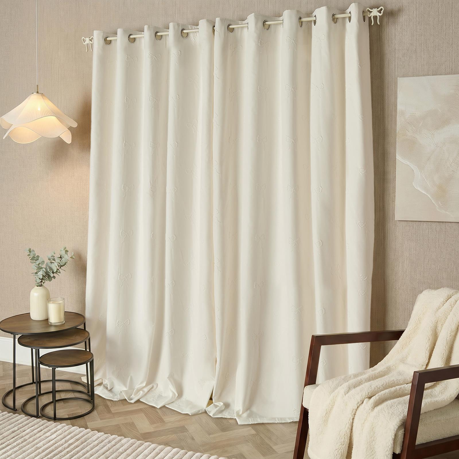 OHS Eyelet Curtains Embossed Bows 2 Pair of Ready Made Ring Top Home Decor