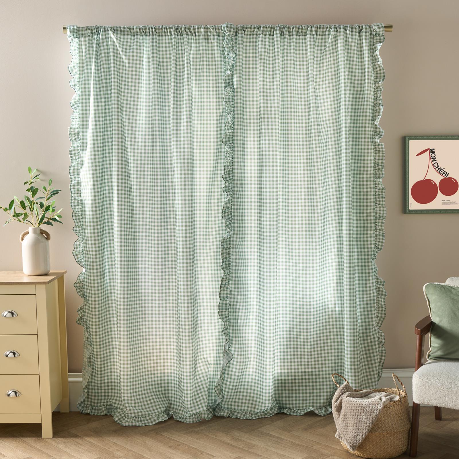 OHS Gingham Frill Voile Net Curtains 2 Window Panels Sheer Rod Slot Top Pair Set