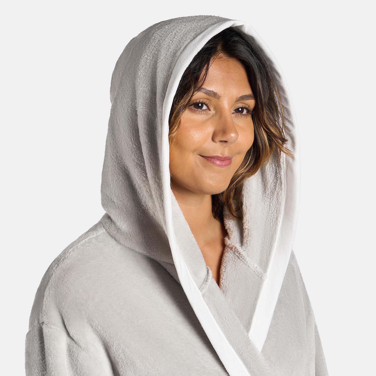 OHS Piped Edge Dressing Gown Flannel Fleece Winter Loungewear Hooded Bathrobe