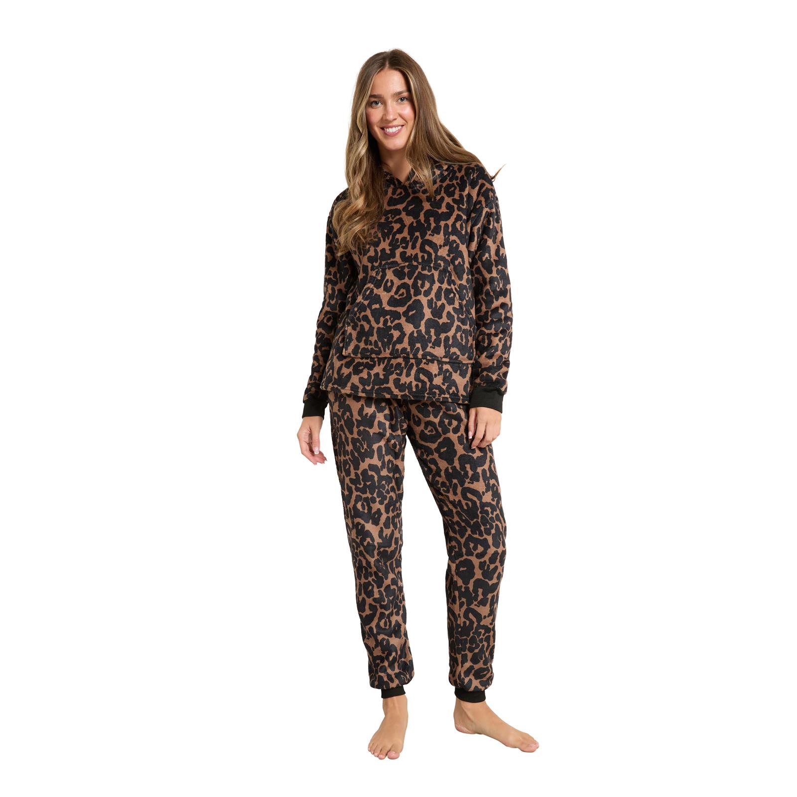OHS Animal Print Loungewear Set Winter Sherpa Nightwear 2-Piece Hoodie Jogger