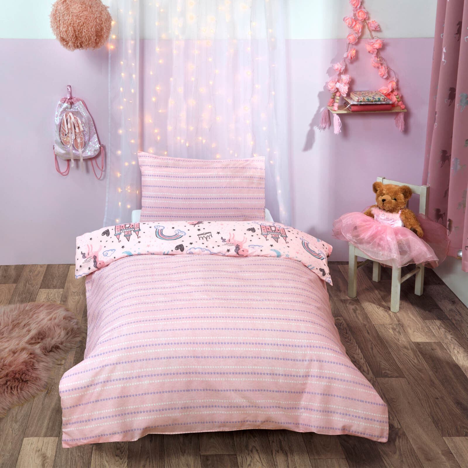 Dreamscene Unicorn Kingdom Duvet Cover and Pillowcase Kids Pink Star Bedding Set