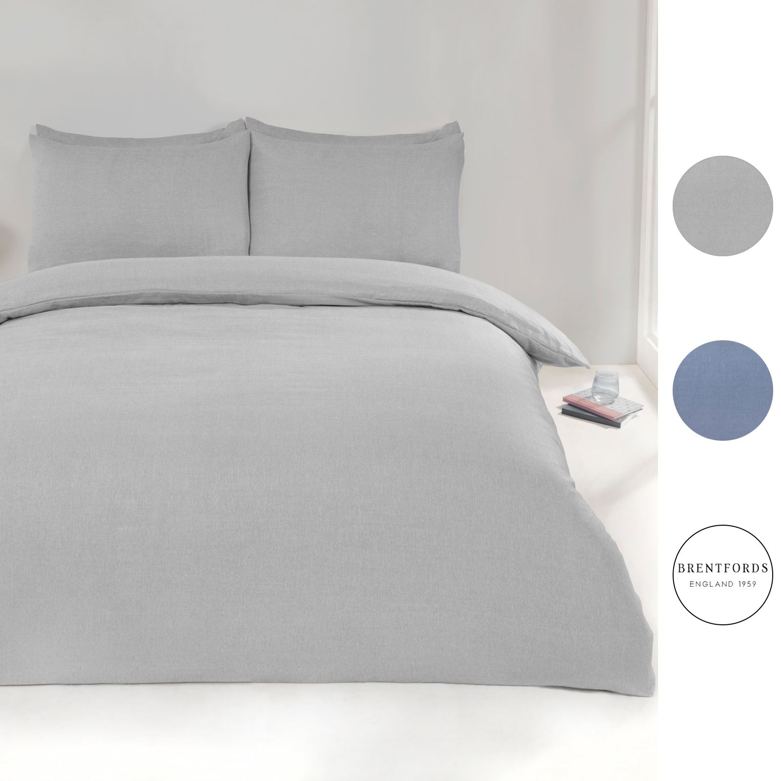 Brentfords Chambray Duvet Cover with Pillow Case Bedding Set, Denim