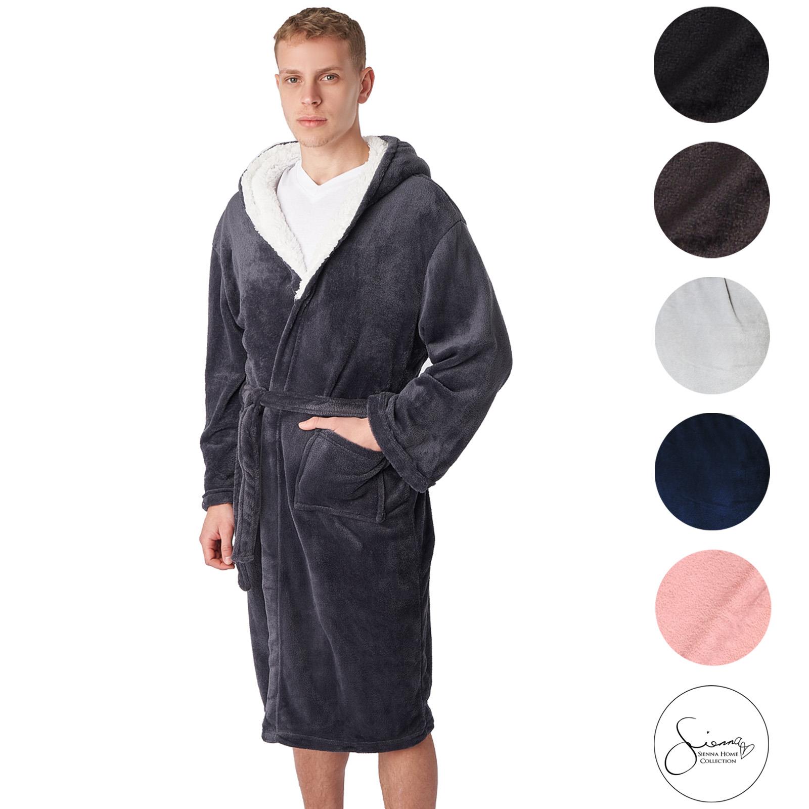 OHS Mens Dressing Gown Long Hooded Soft Flannel Fleece Sherpa Bathrobe Lounge