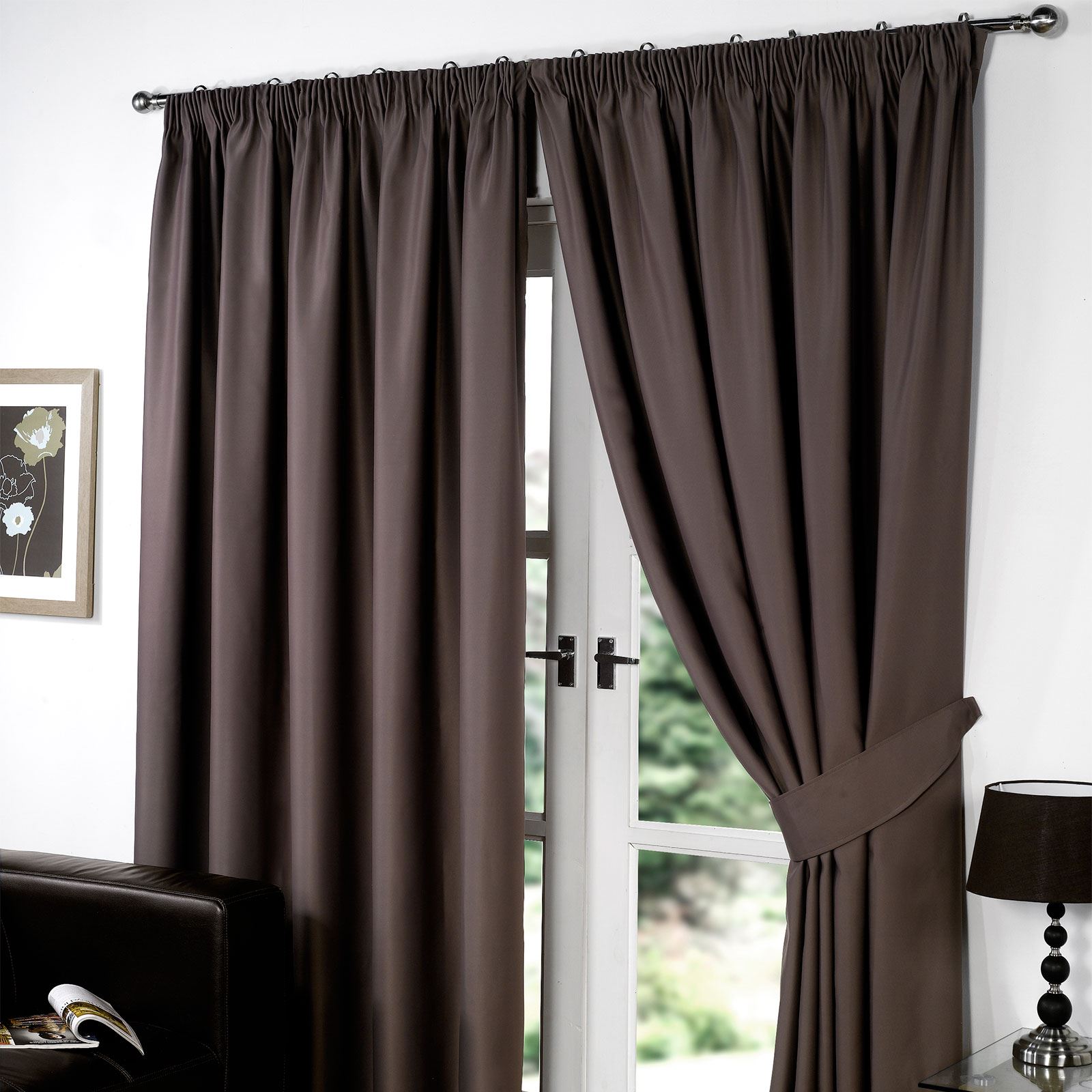 Dreamscene Thermal Pencil Pleat PAIR of Blackout Curtains & Tiebacks