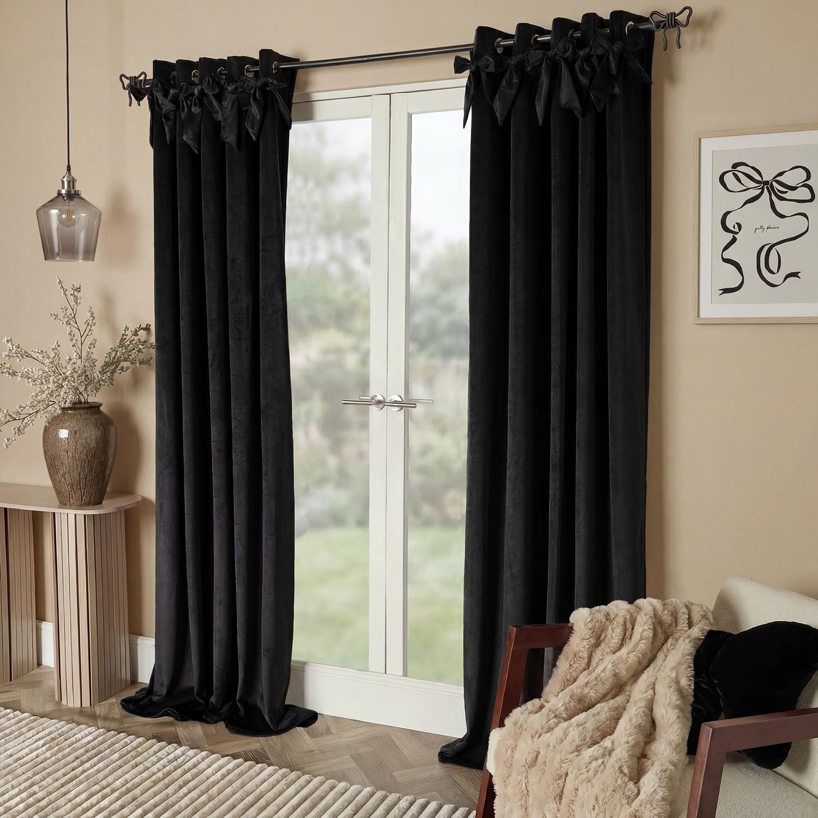 OHS Velvet Eyelet Curtains Bow Decor 2 Pair Of Ready Made Luxury Thick Ring Top