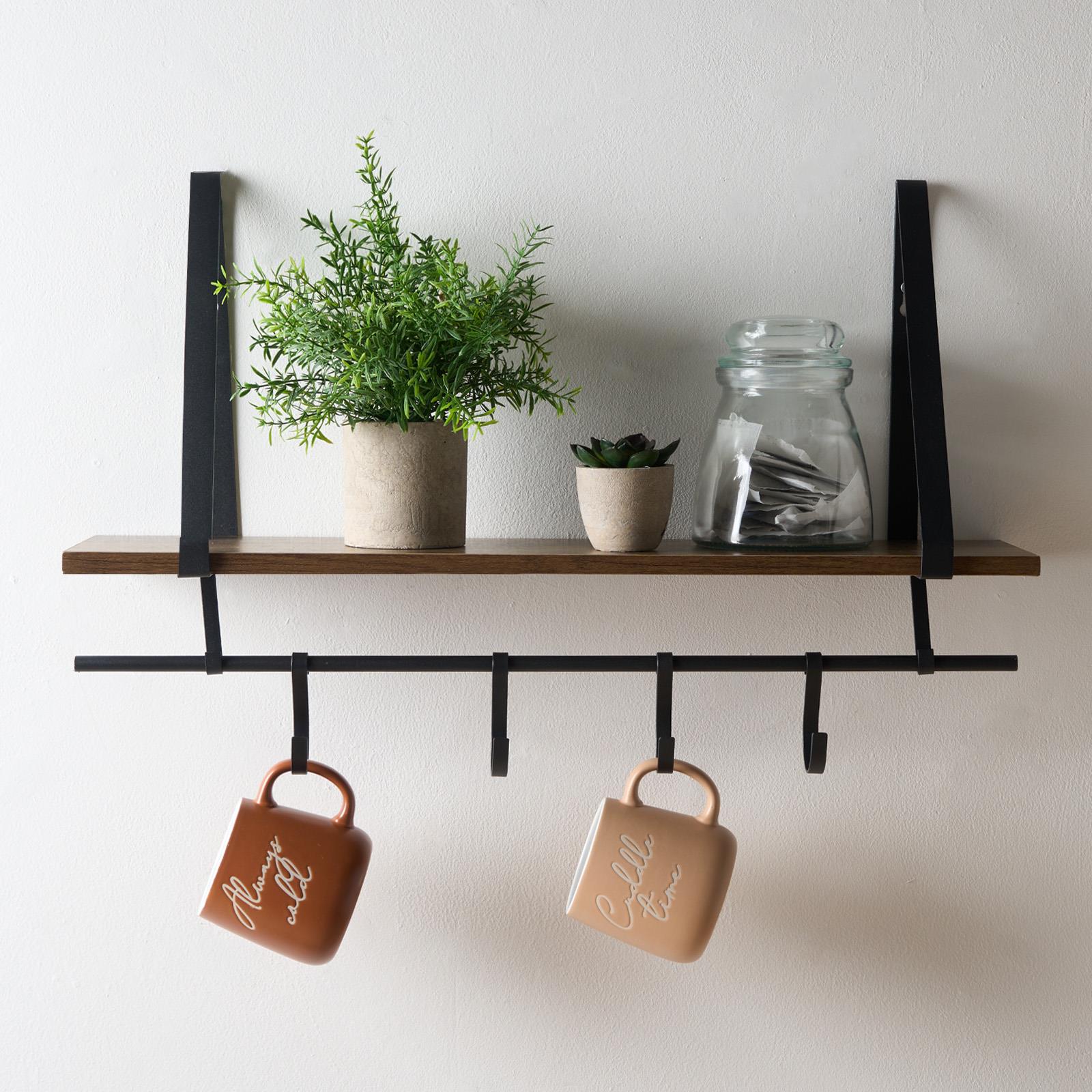 Wooden Shelving Hooks Kitchen Display Cup Holder Office Wall Storage Organiser