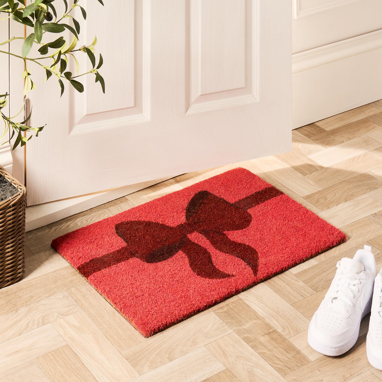 OHS Bow Print Coir Mat Christmas Non Slip Indoor Outdoor Welcome Doormat Rug