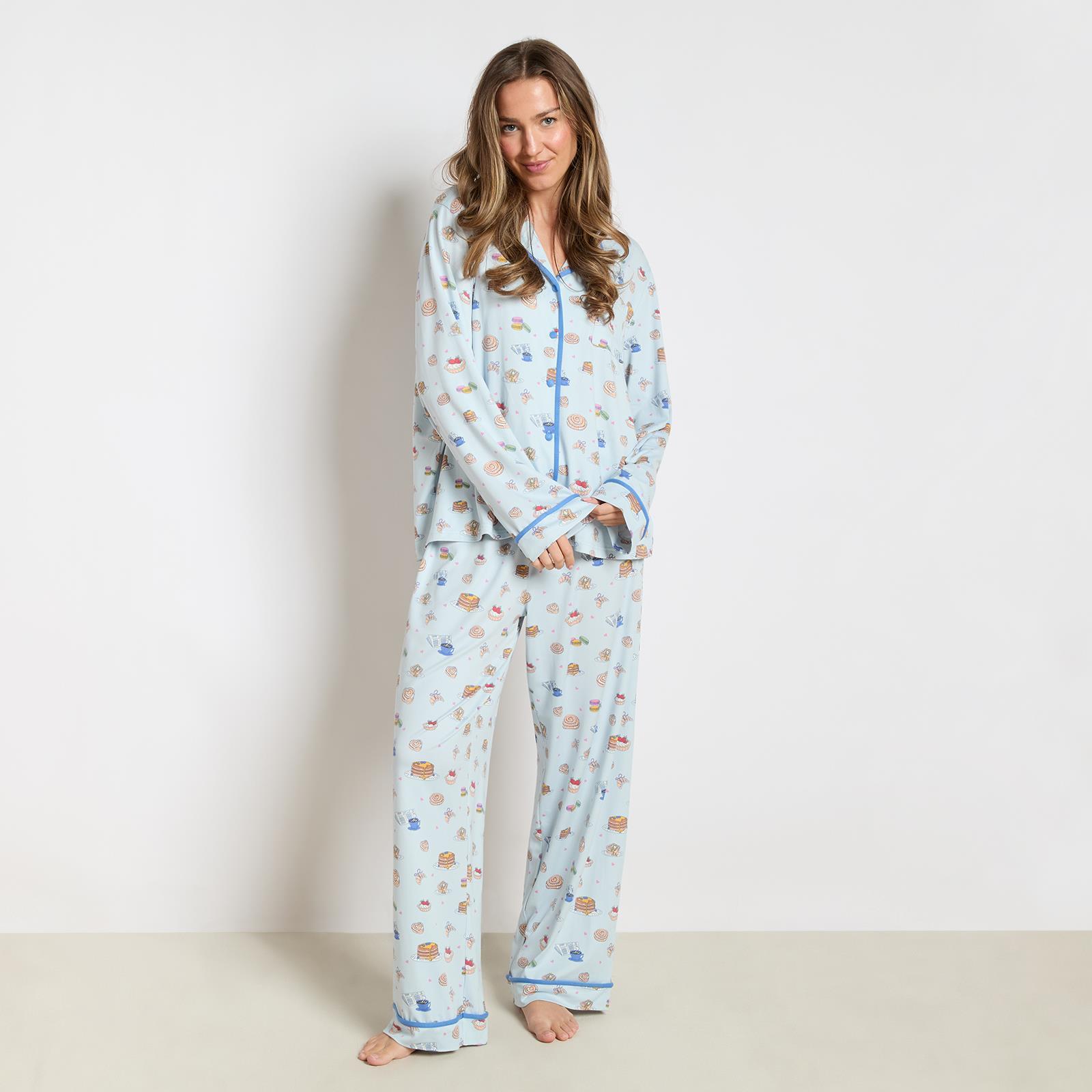 OHS Breakfast Pyjama Set Jersey Button Through Ultra Soft Nightwear Loungewear