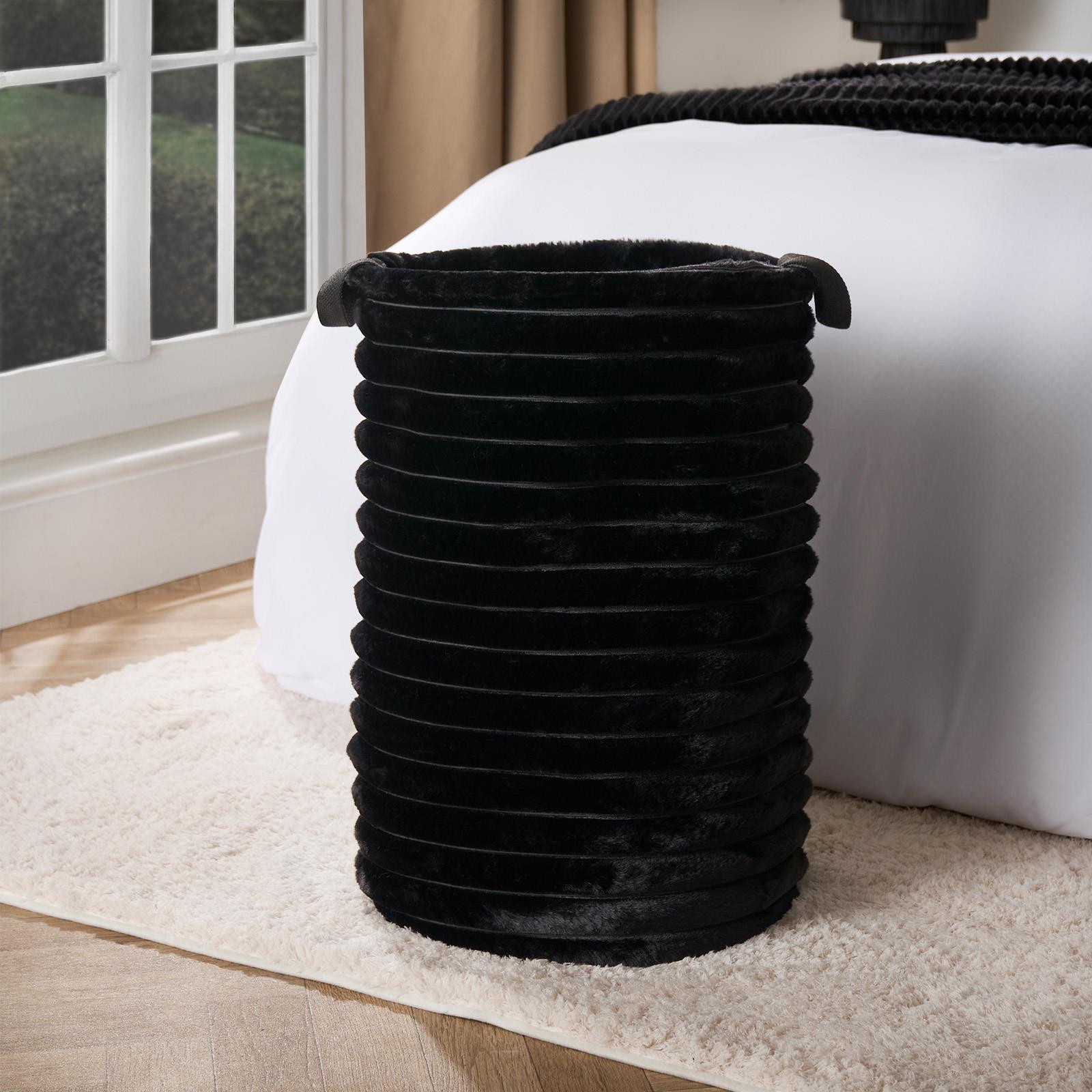OHS Ribbed Laundry Basket Faux Fur Folding Hamper Bag Clothes Bin with Handles