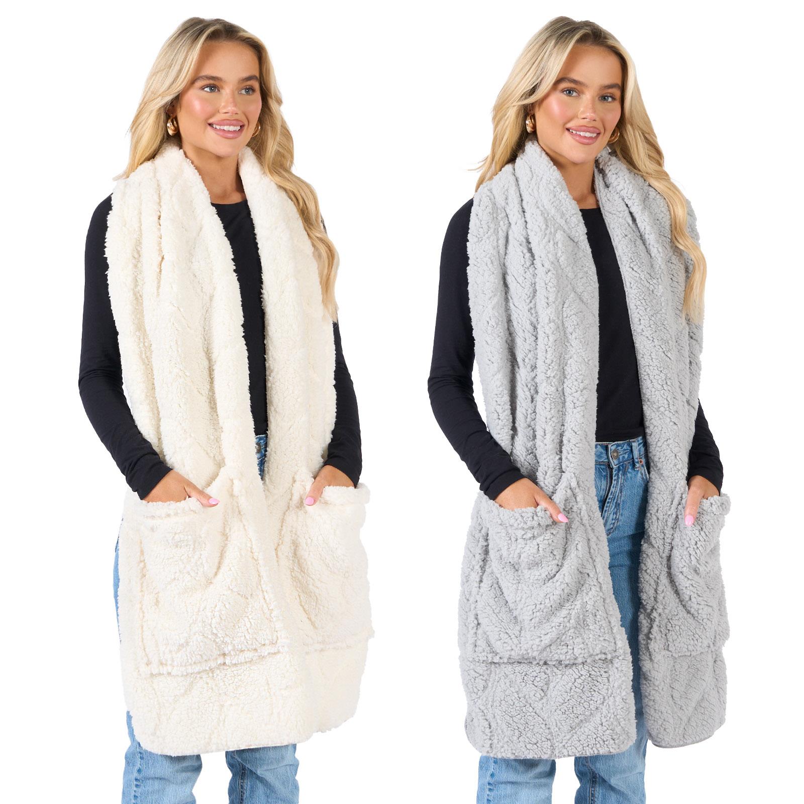 Braided Fleece Scarf Long Supersoft Thermal Pockets Shawl Wrap Hand Neck Warmer