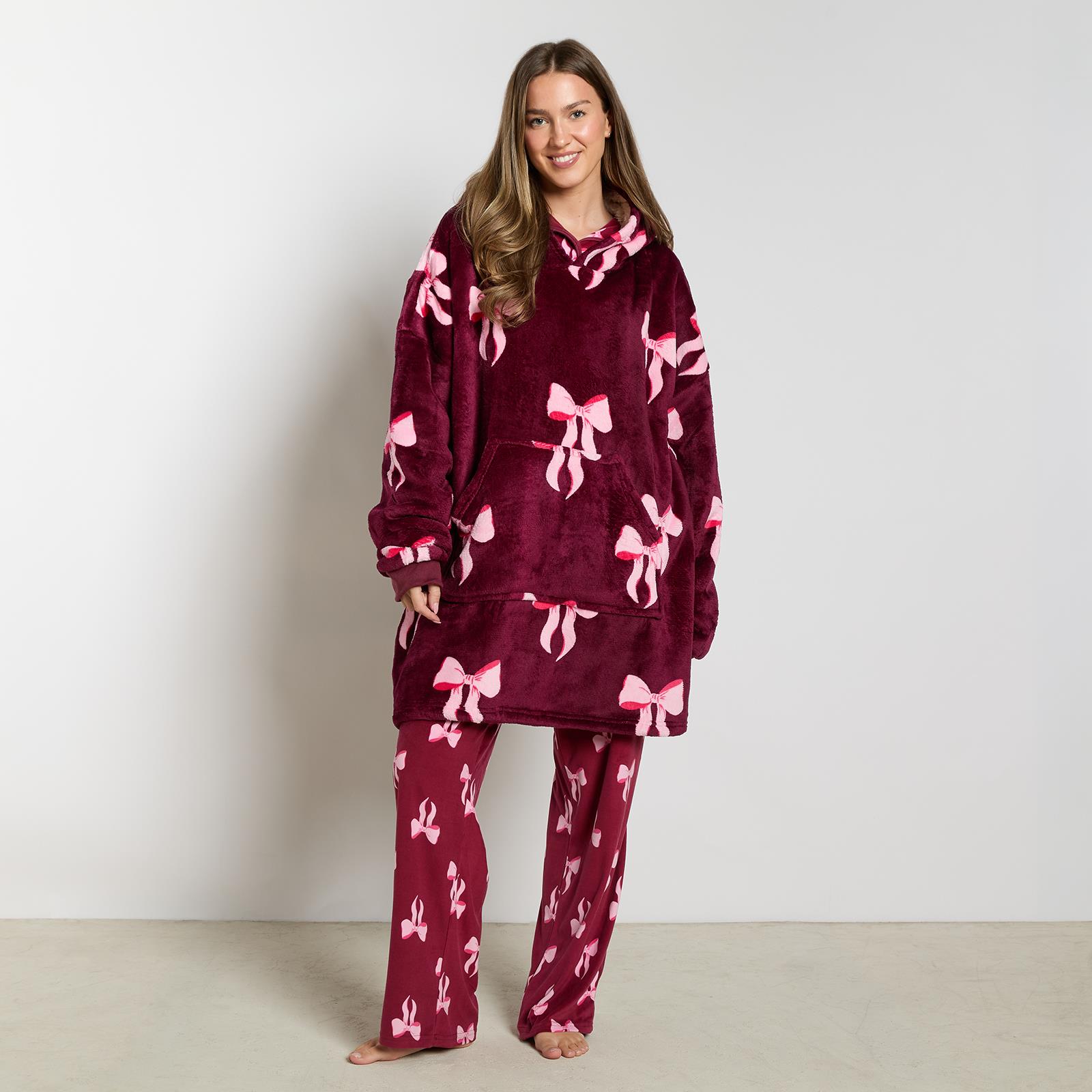 OHS Bows Print Hooded Blanket Adult Kids Sherpa Lined Winter Family Hoodie