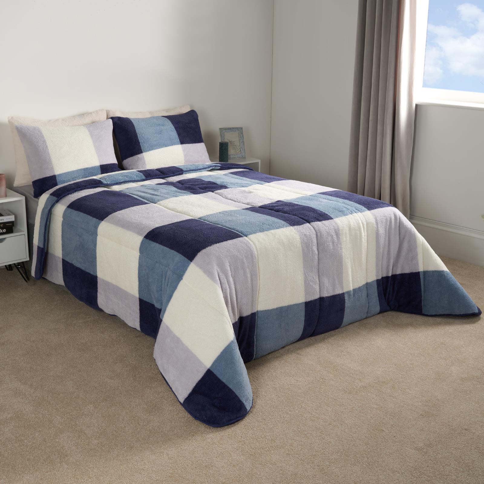 Check Coverless Duvet Pillowcase Bedding Set Teddy Fleece Gingham Quilt 10.5 TOG - Picture 7 of 9