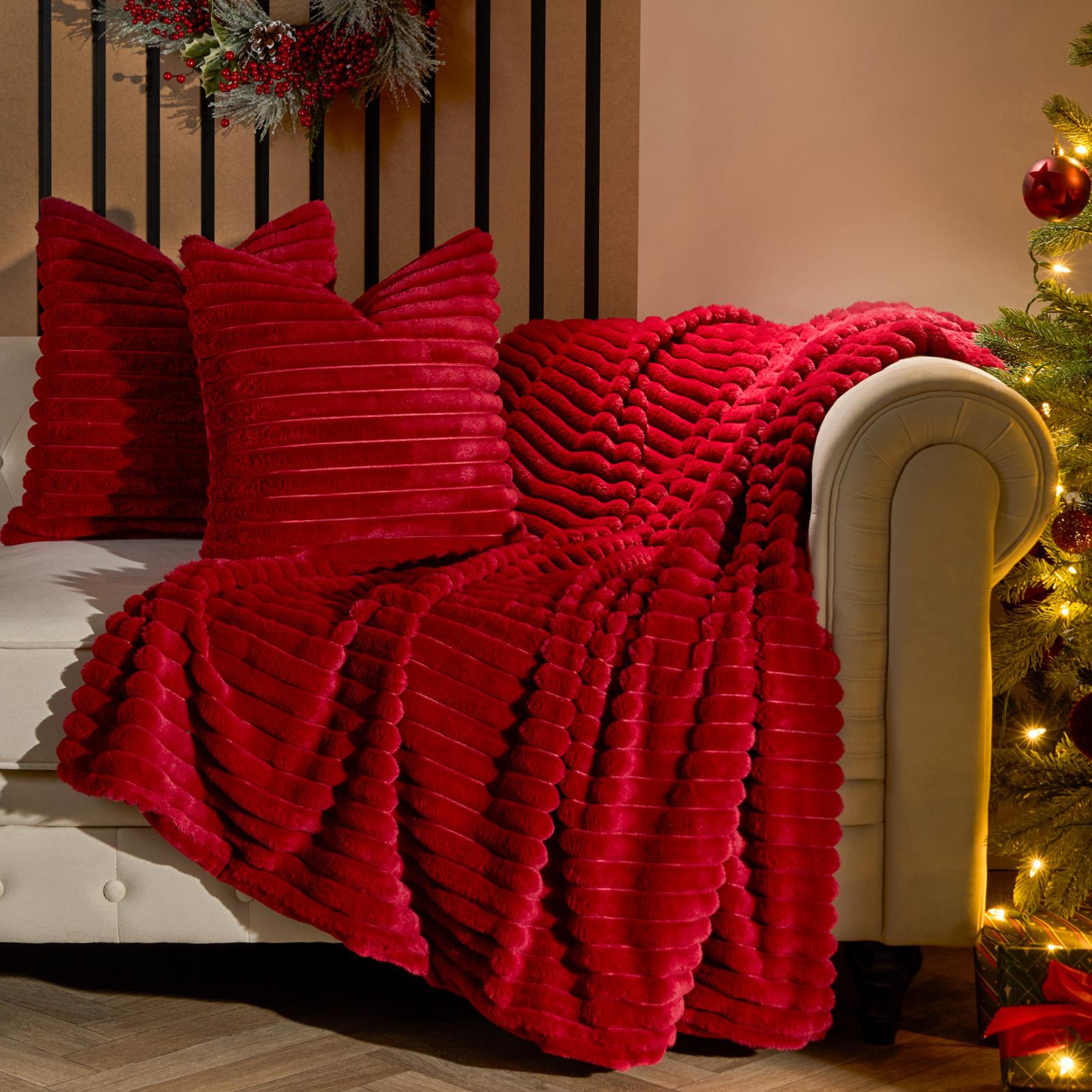 OHS Faux Fur Ribbed Fleece Throw Over Bed Blanket Warm Supersoft