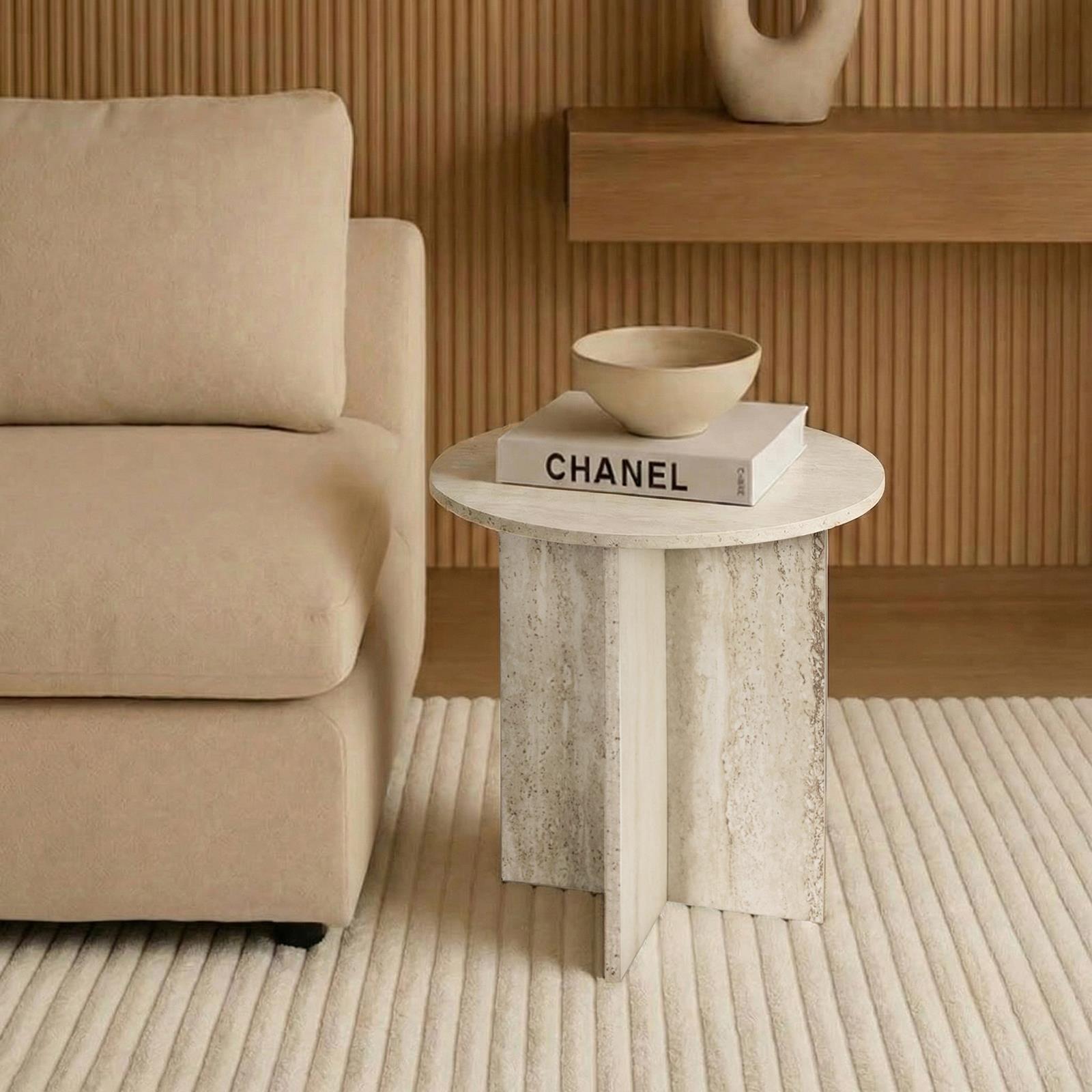 OHS Round Travertine Effect Side Table Engineered Wood Living Room Bedroom Decor