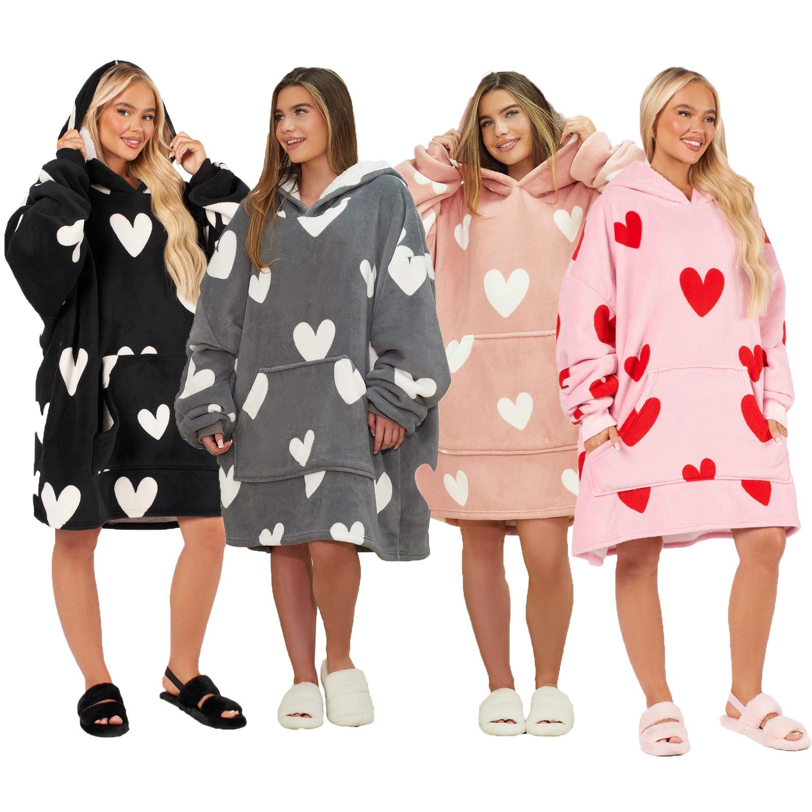 OHS Heart Print Hoodie Blanket Oversized Adult Fleece Sherpa Throw Jumper