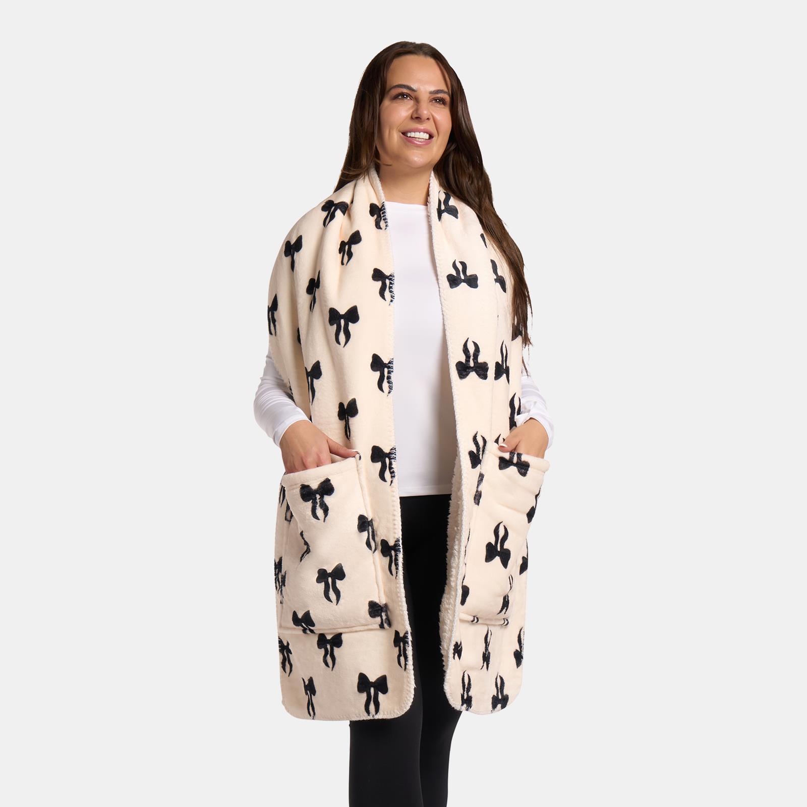 OHS Bows Pocket Scarf Coral Fleece Sherpa Lined Thermal Winter Wrap Hand Warmer