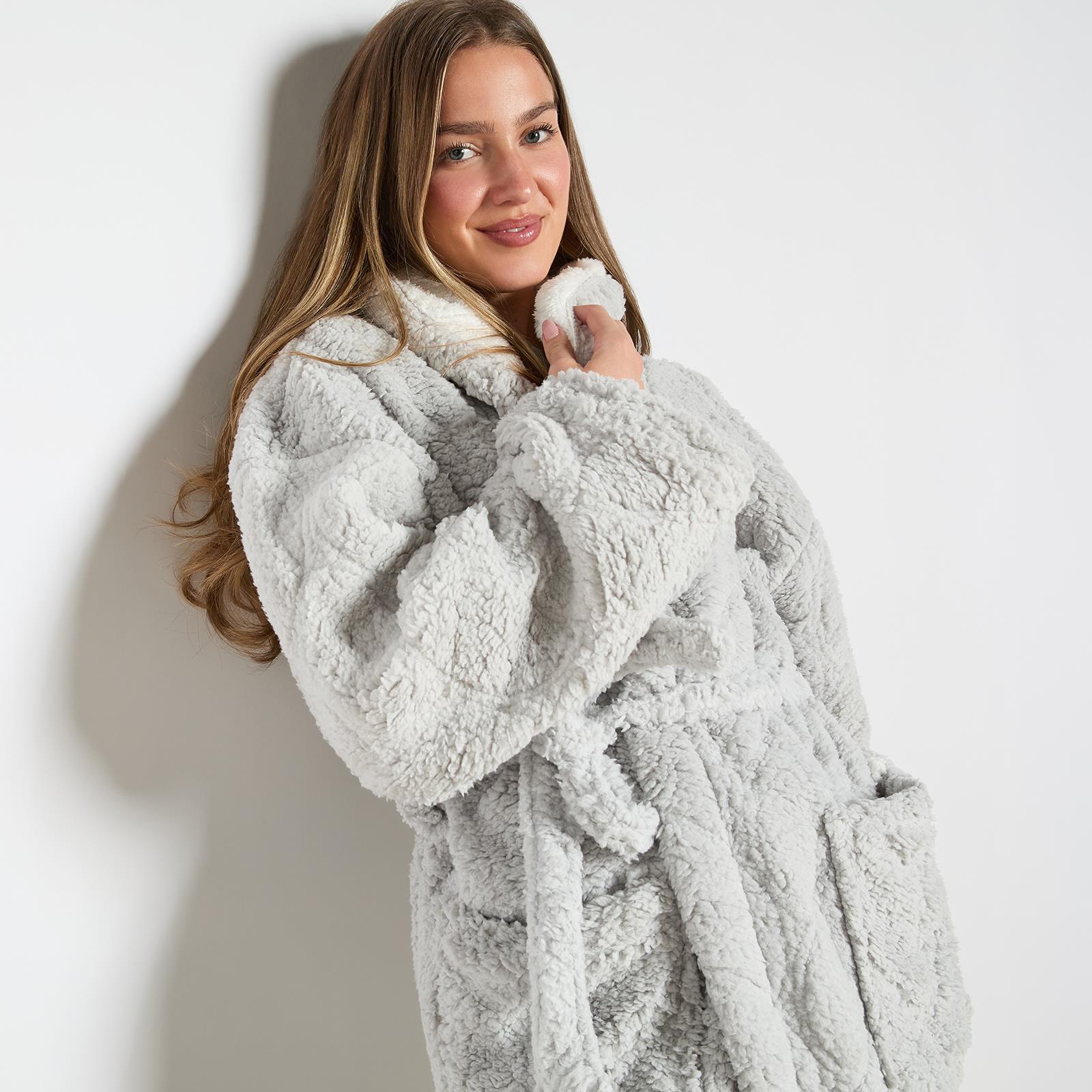OHS Braided Fleece Dressing Gown Robe Womens Supersoft Hooded PJ Loungewear