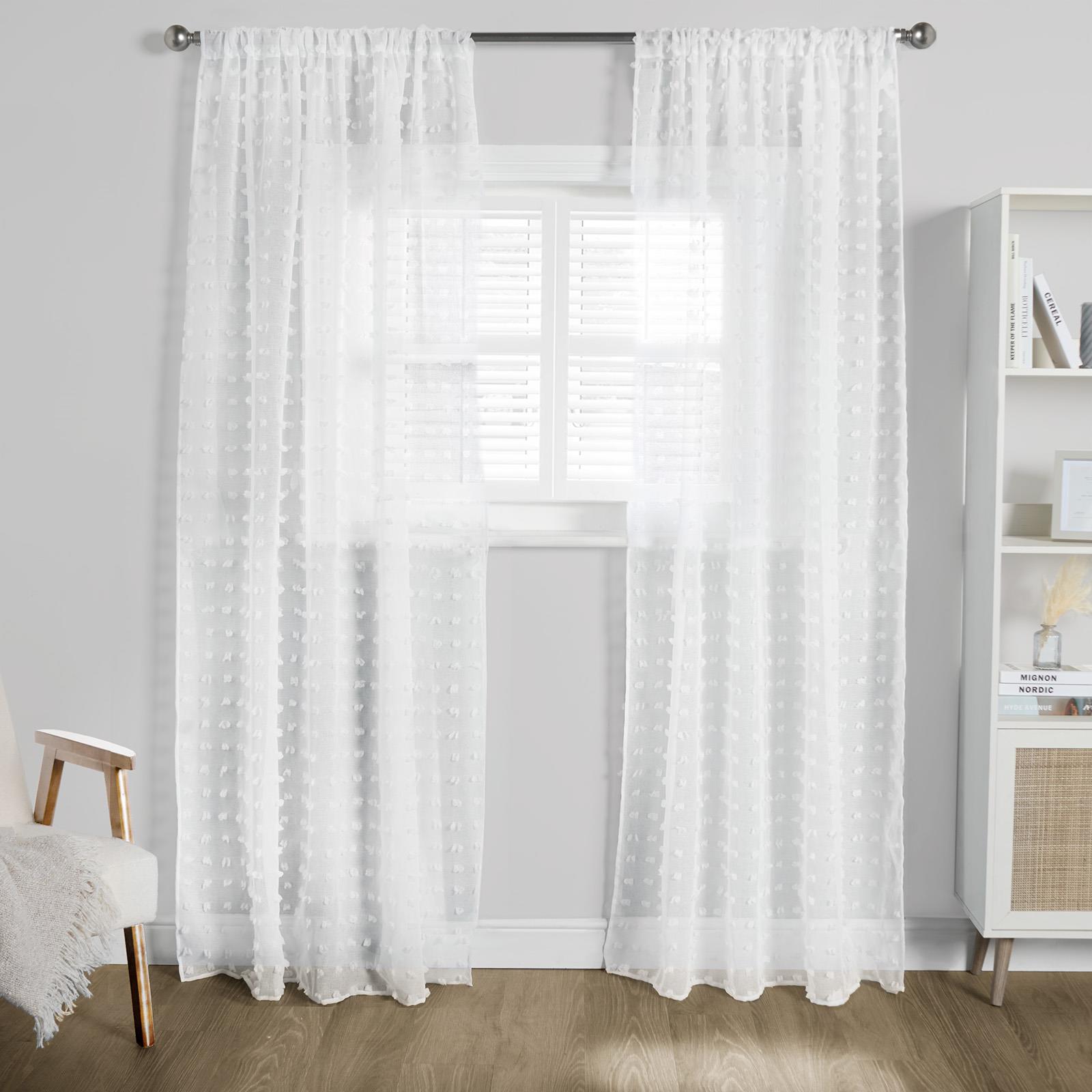 OHS Pompom Tufted Voile Net Curtains Pair 2 Window Panels Slot Top Set 55