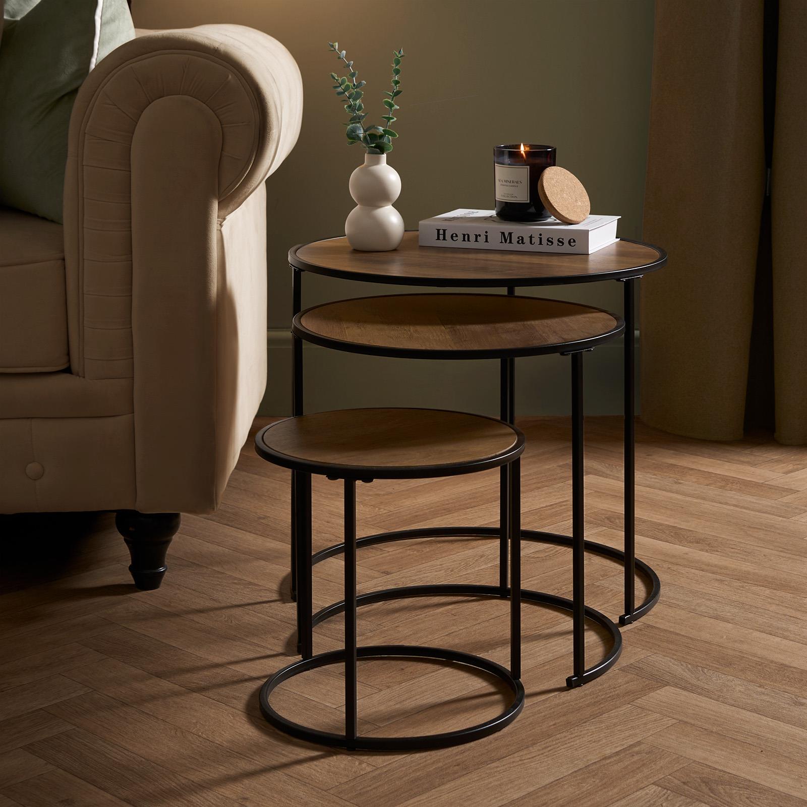 OHS Manhattan Nesting Table Stacking Coffee Side Wooden Effect Tables Set of 3