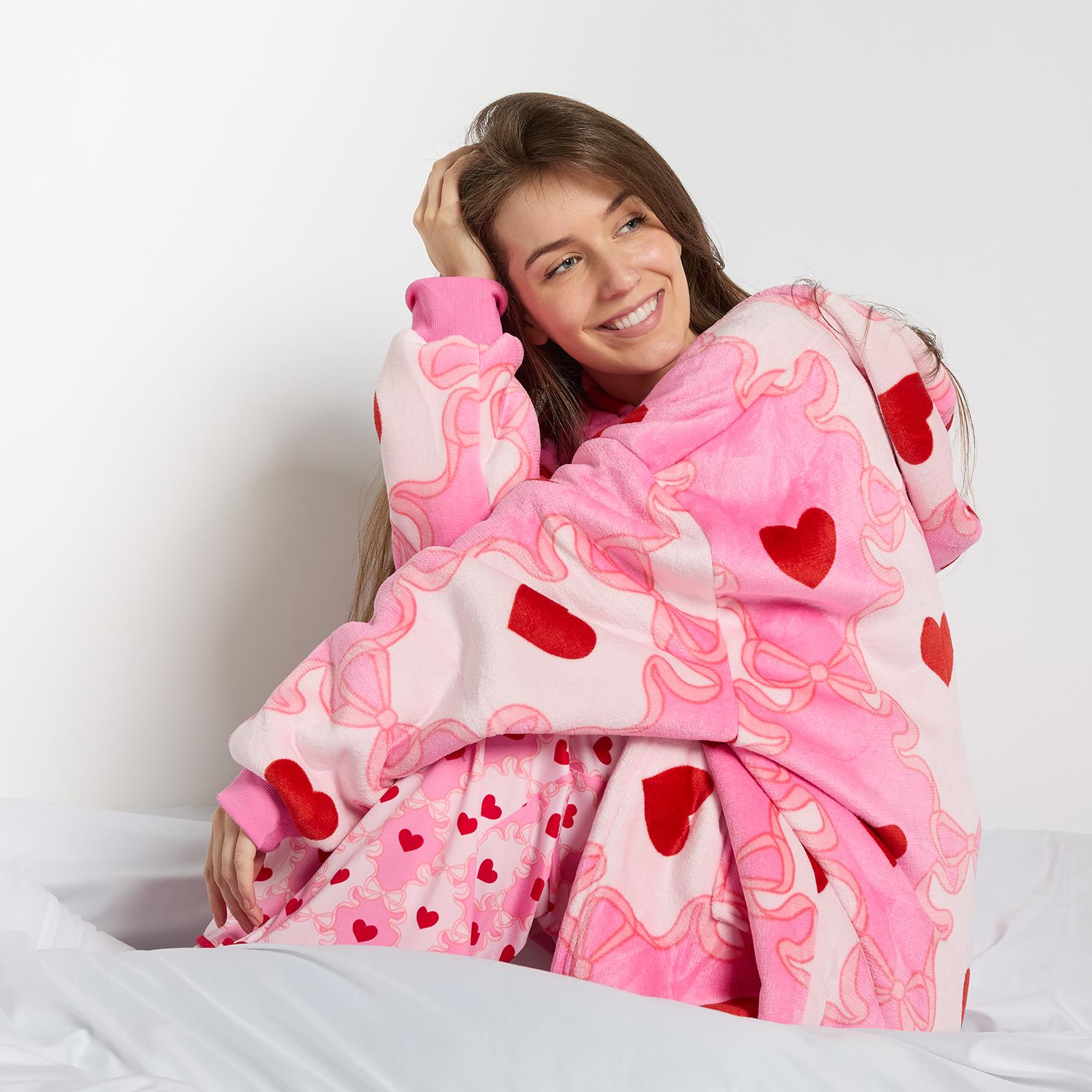 OHS Bow Lattice Hoodie Blanket Sherpa Lined Fleece Wearable Throw Thermal