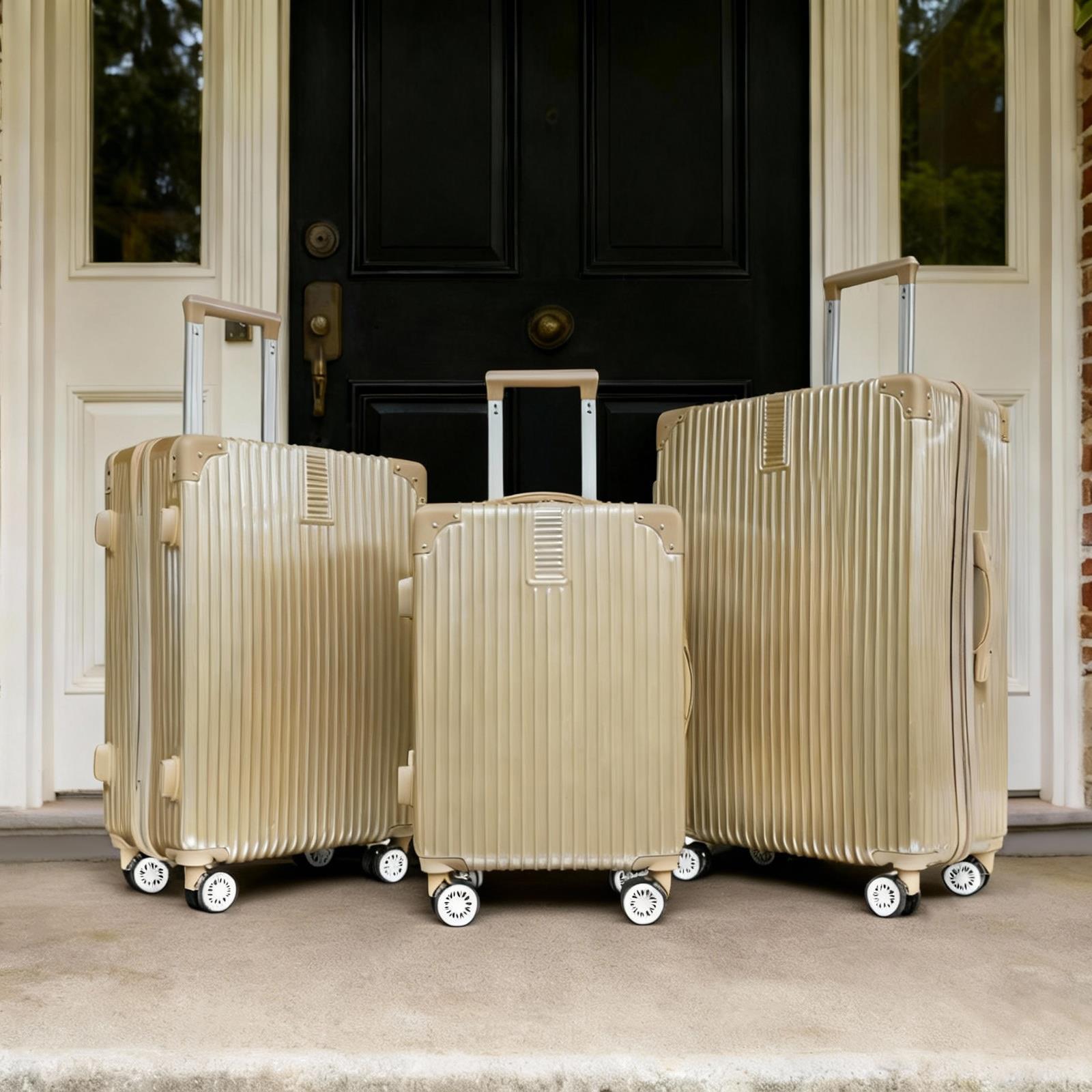 OHS Metallic Effect Suitcase Set 3-Piece Hard Shell Luggage 4 Wheel ABS