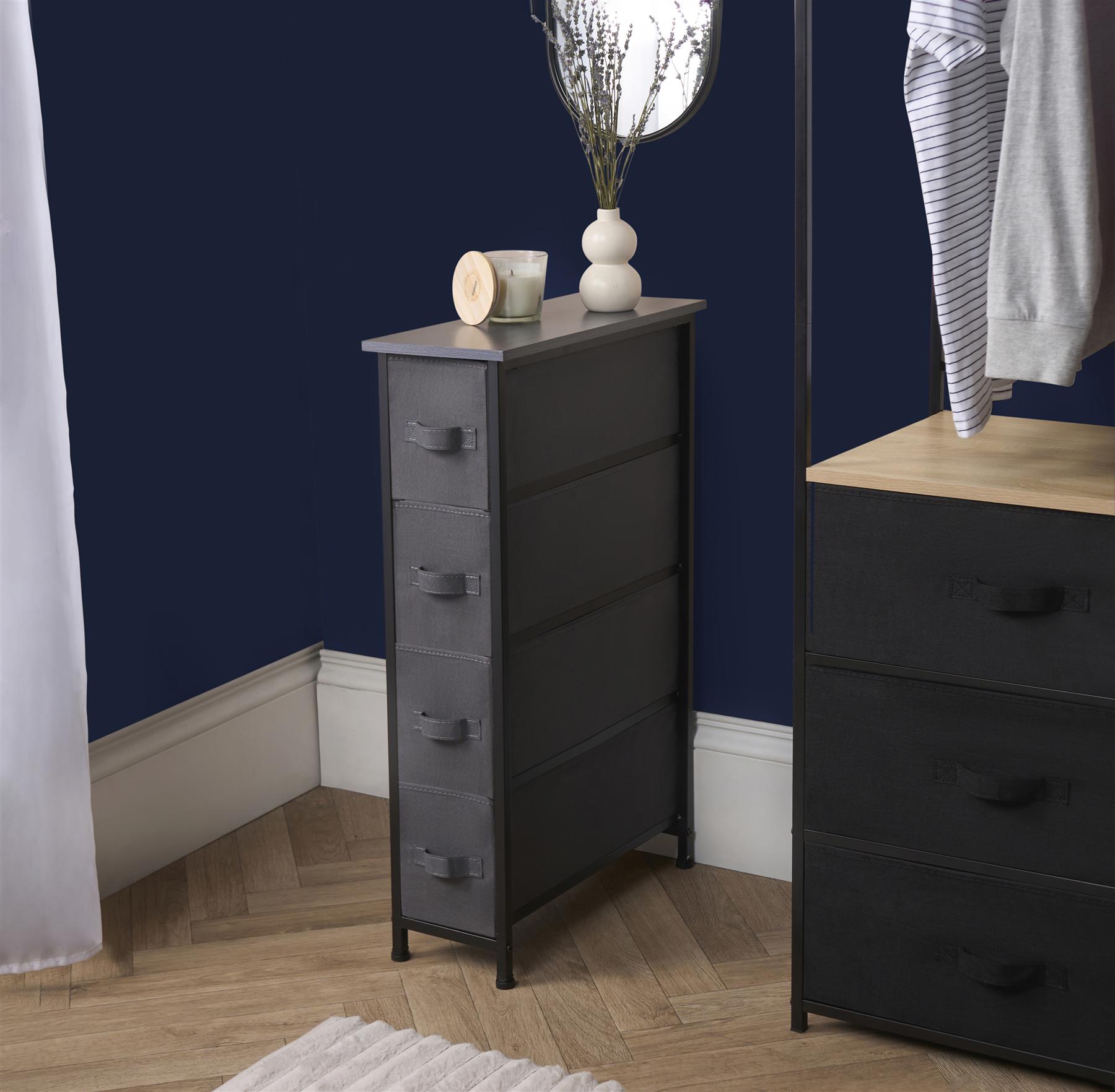 Narrow 4 Drawer Storage Cabinet Bedside Table Unit Clothes Home Fabric Organiser