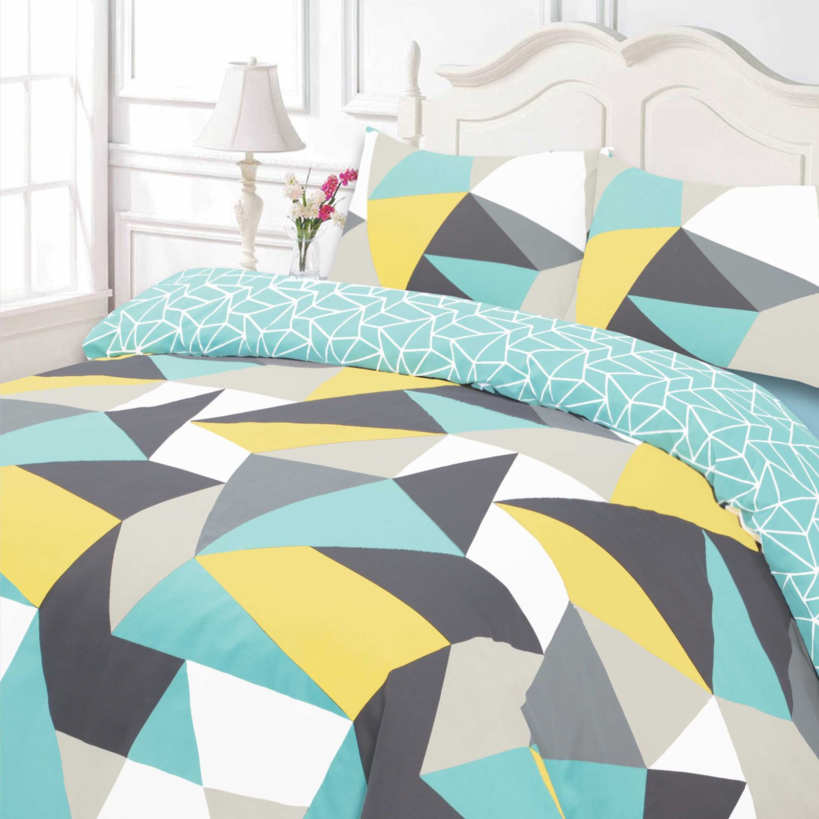 Duvet Cover with Pillow Case Geometric Shapes Reversible Blue White Bedding Set eBay