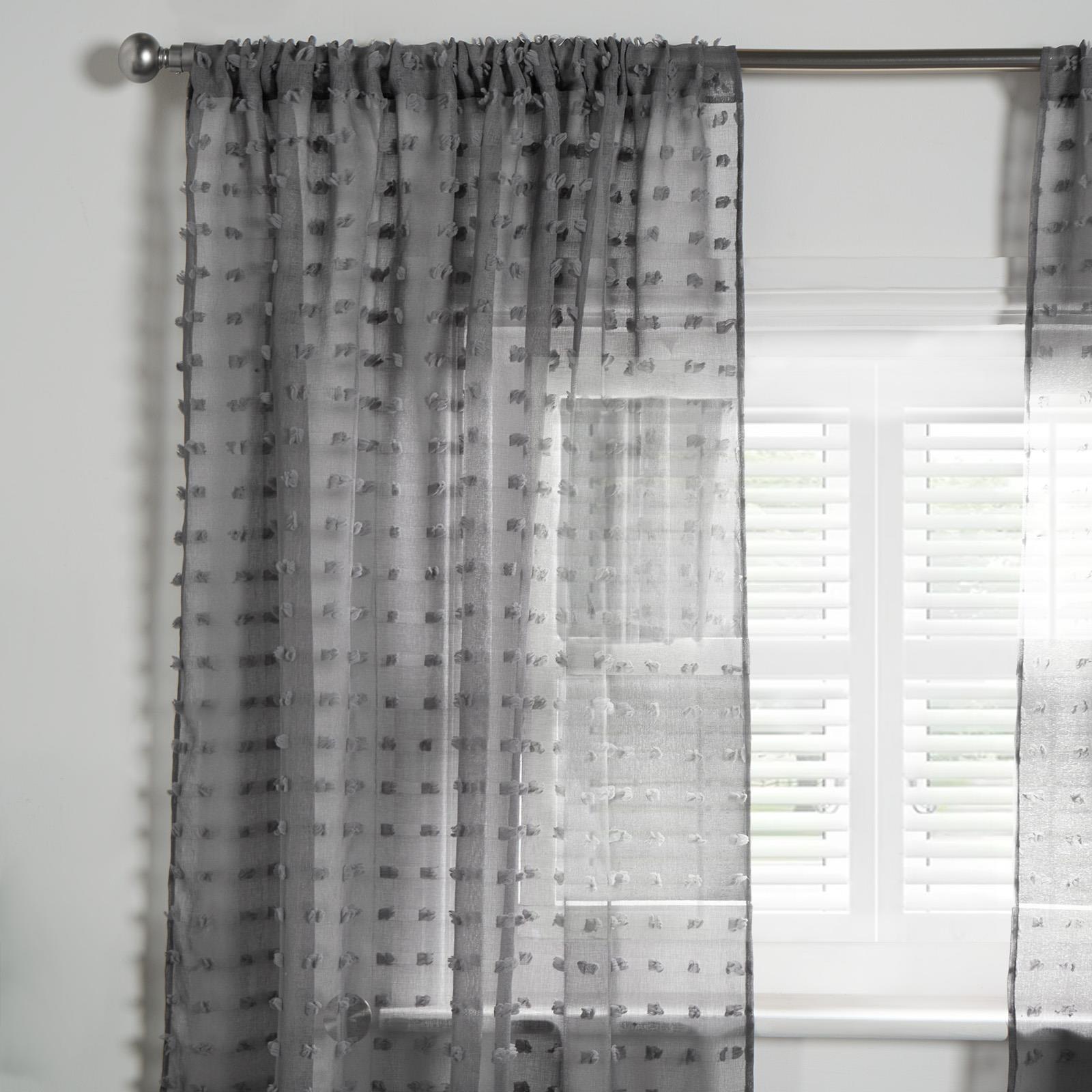 OHS Pompom Tufted Voile Net Curtains Pair 2 Window Panels Slot Top Set 55