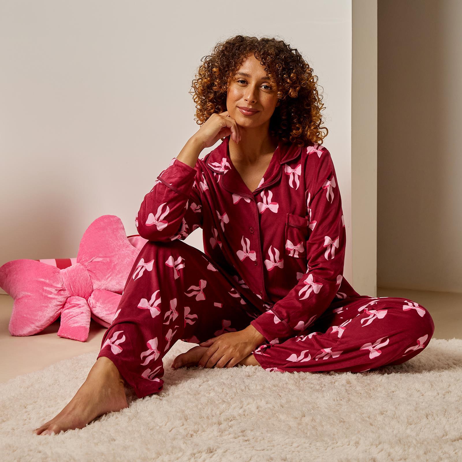 OHS Bows Pyjama Set Womens Button Through Baby Fleece Loungewear Nightwear